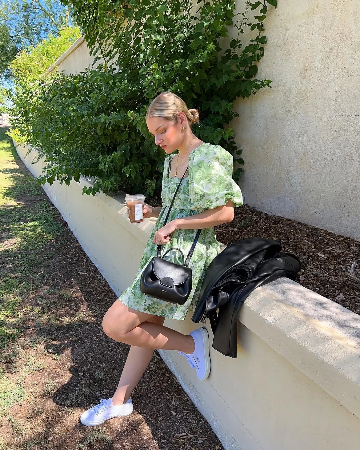 early fall outfits 2026 + A Green Floral Mini Dress With Sneakers and a Leather Jacket