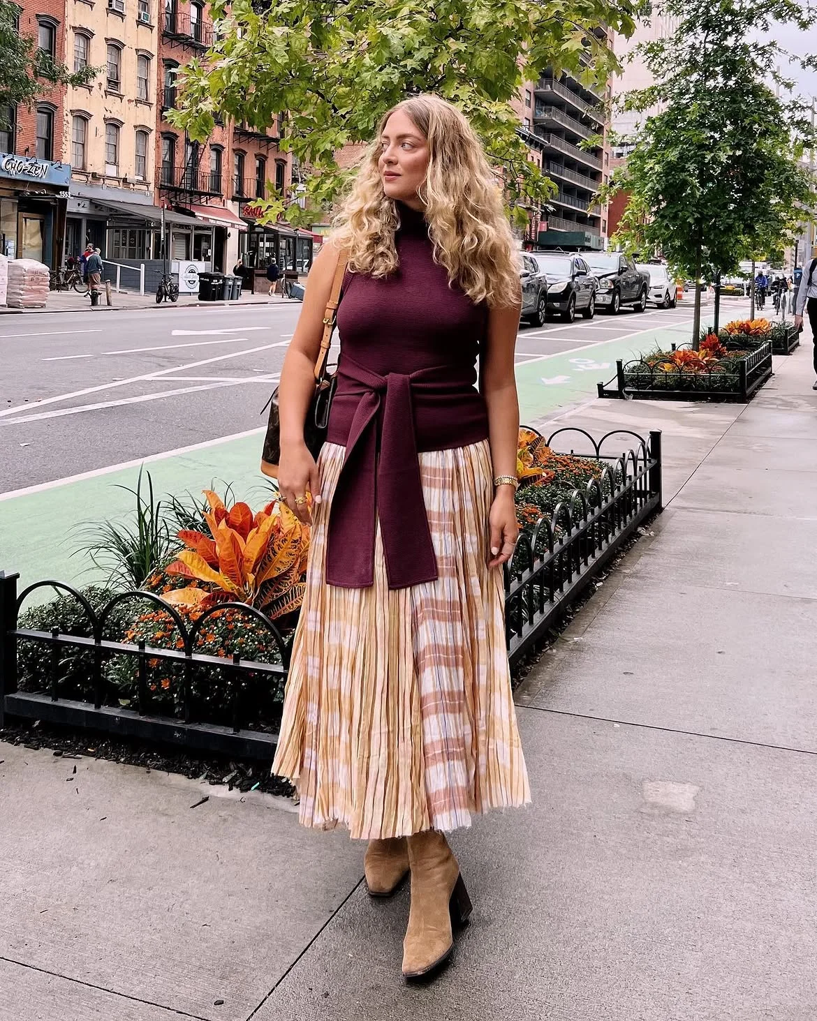 early fall outfits 2026 + Burgundy Knitwear and Pleats for the Last Warm Days