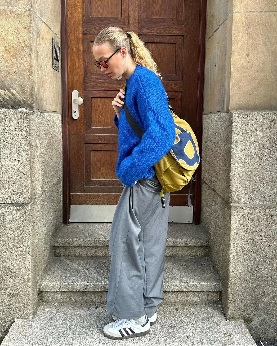 early fall outfits 2026 + Cobalt Knitwear and Tailored Gray Trousers for Busy Days