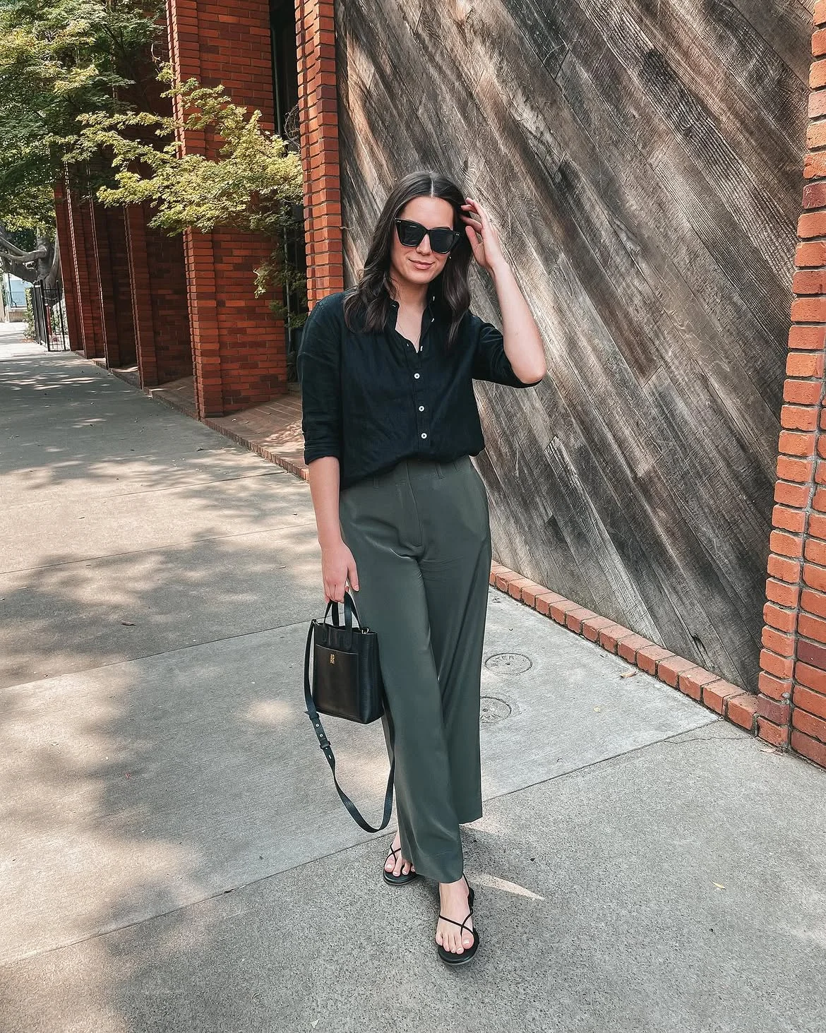 early fall outfits 2026 + Black Shirt and Olive Trousers for a Warm Weather Workday