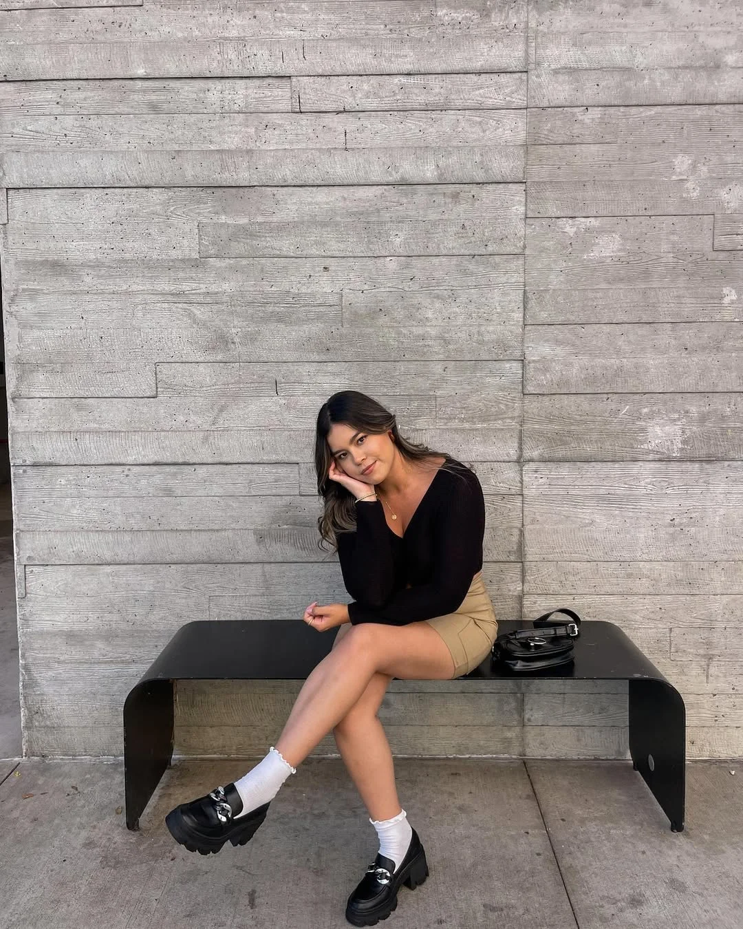 Early fall outfits ideas 2026 Black Cardigan With Beige Mini Skirt And Loafers