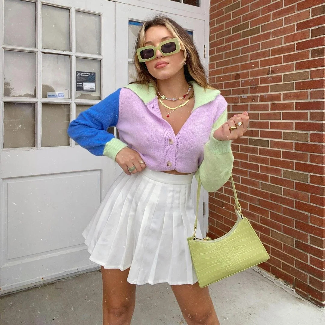 Early fall outfits ideas 2026 Pastel Cardigan With A White Pleated Mini Skirt