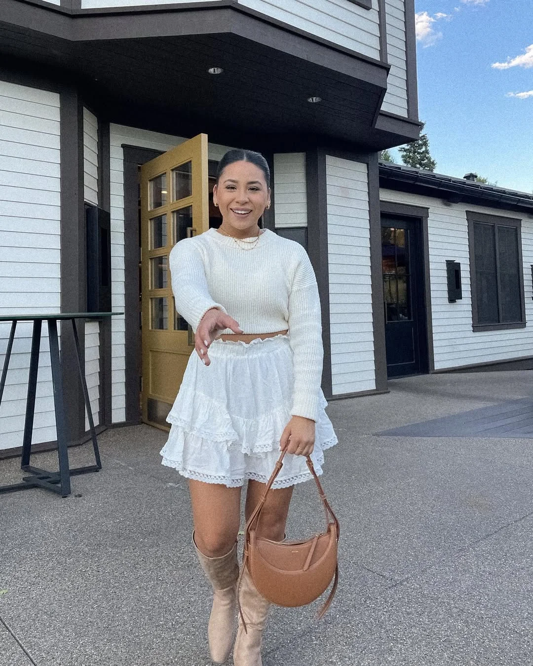 Early fall outfits ideas 2026 White Knit Top And Tiered Skirt With Knee-High Boots