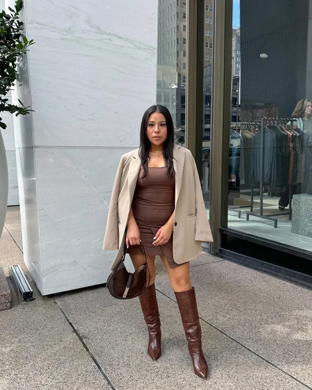 Early fall outfits ideas 2026 Brown Mini Dress With Beige Blazer And Boots