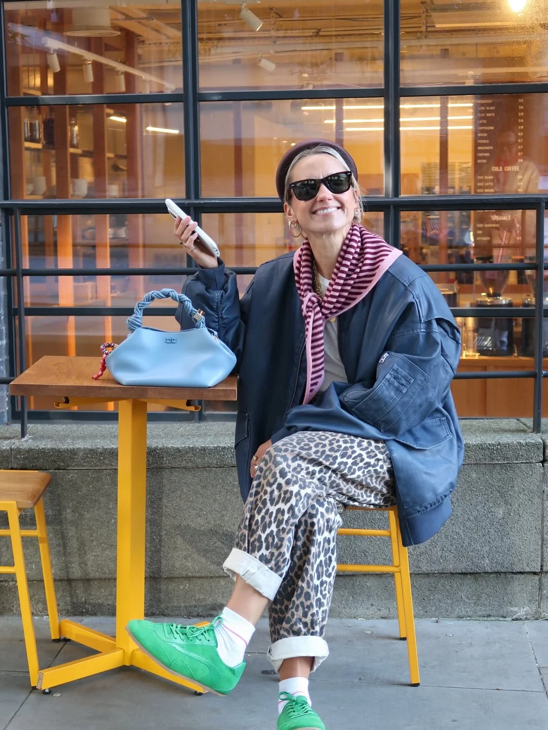Early summer outfits 2026 Playful Leopard Trousers With A Sporty Blue Jacket