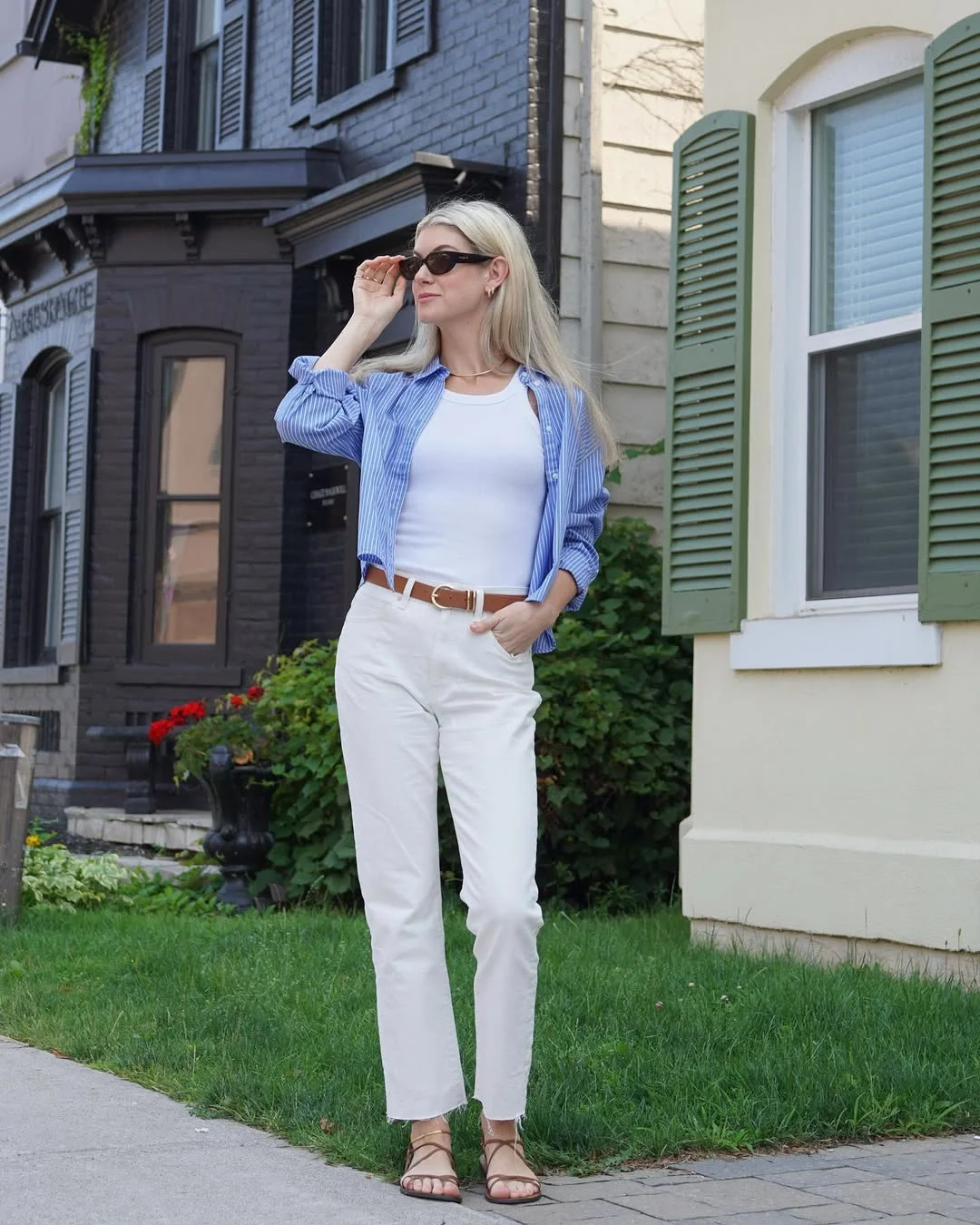 Early summer outfits 2026 Blue Striped Shirt With White Jeans