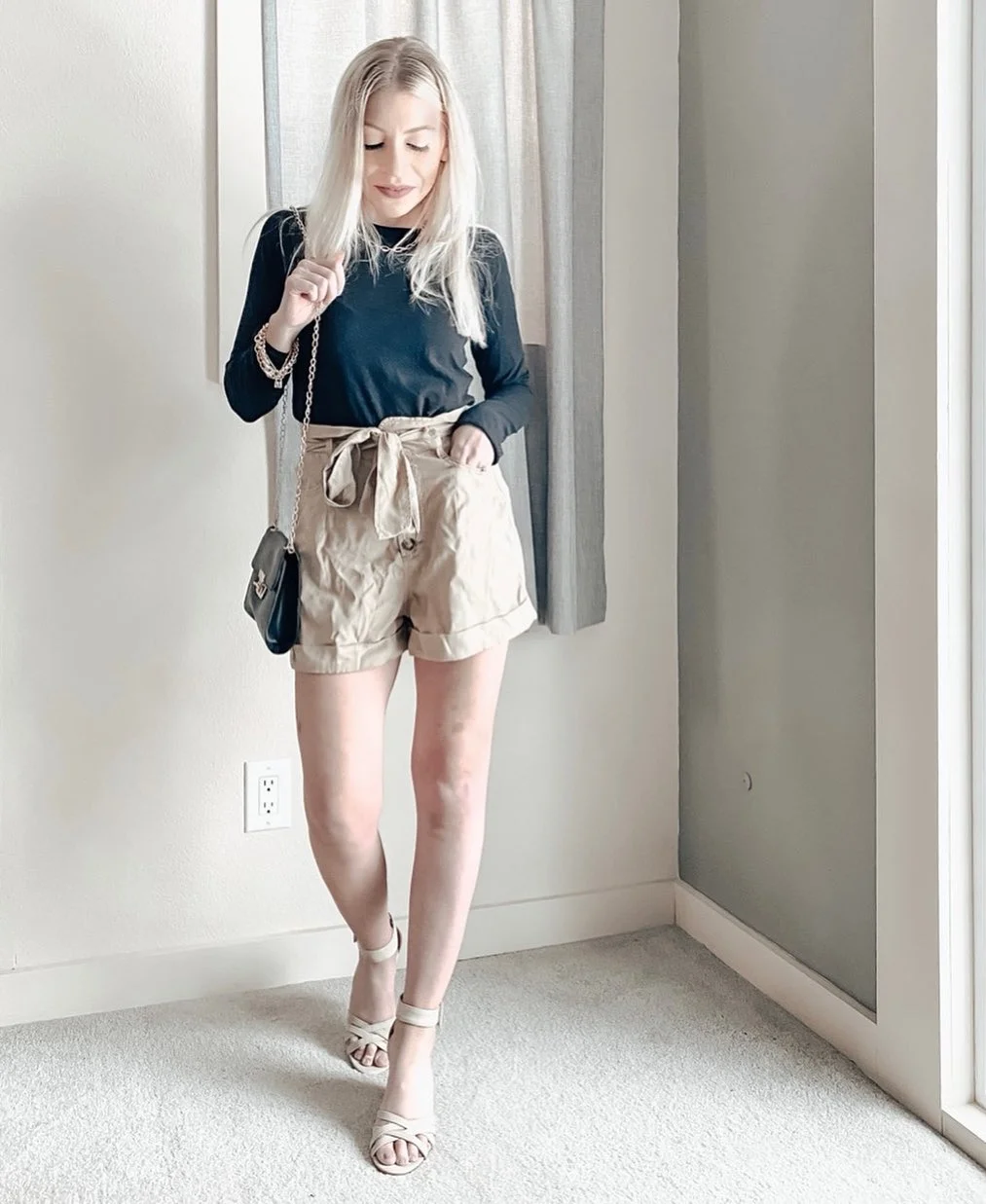 Early summer outfits 2026 Black Long-Sleeve Top With Paperbag Shorts