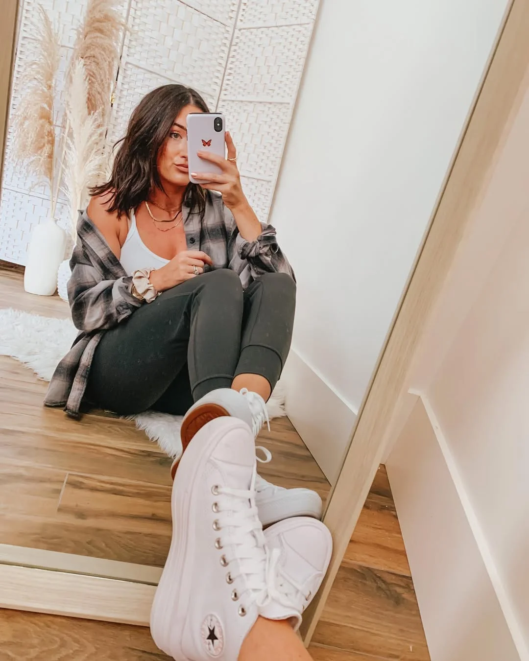 Early summer outfits 2026 Plaid Shirt Joggers And White High-Tops