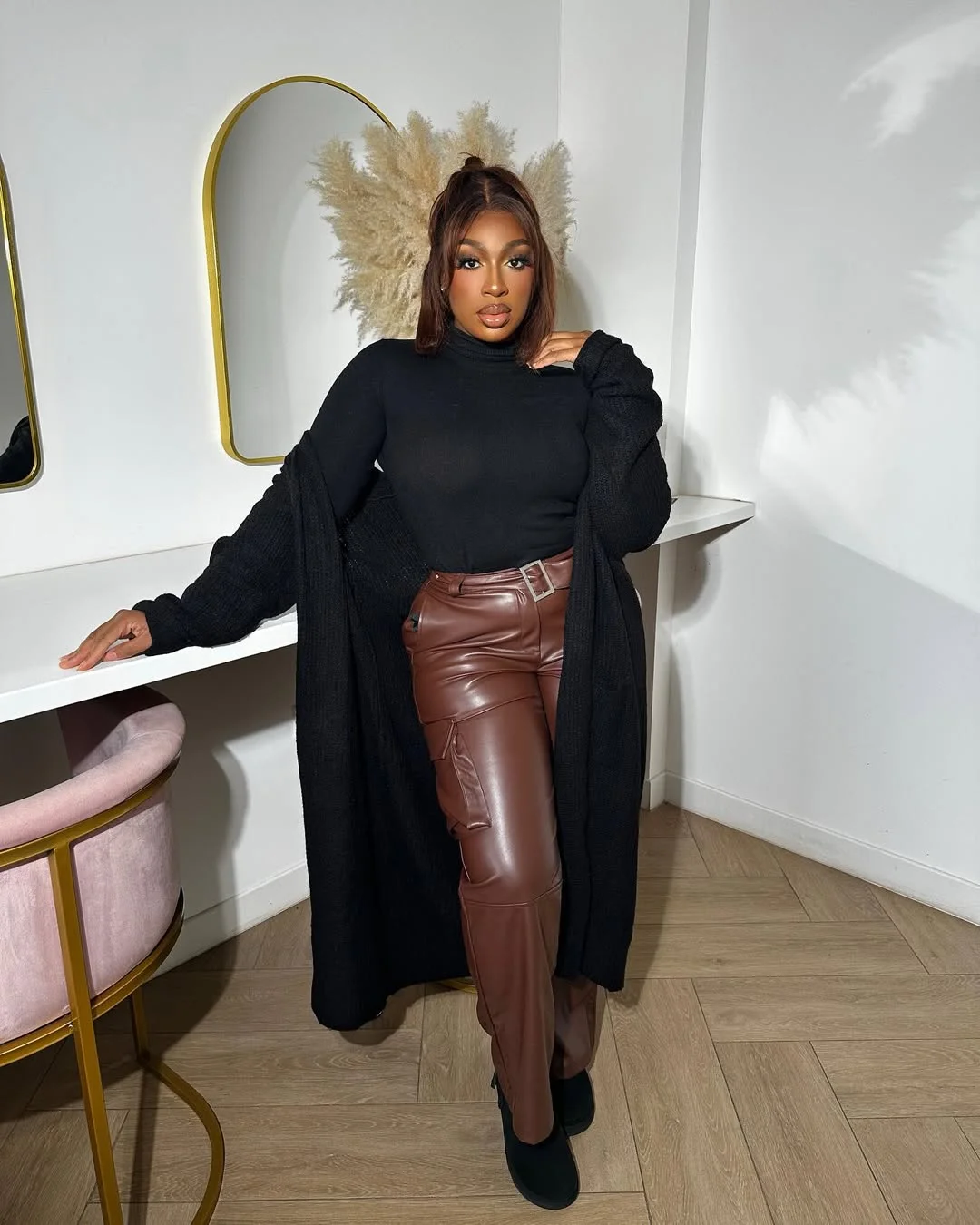 fall 2026 outfits for black women + Chocolate Faux Leather Pants And A Long Black Cardigan