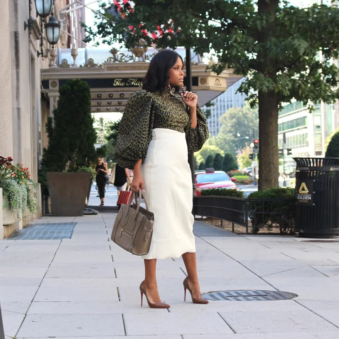fall 2026 outfits for black women + Leopard Blouse And Ivory Pencil Skirt Power