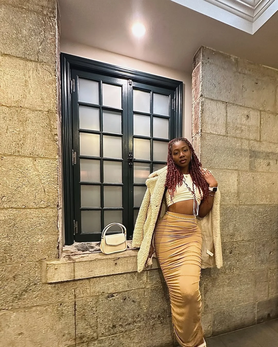 fall 2026 outfits for black women + Golden Ruched Skirt With A Cream Teddy Layer