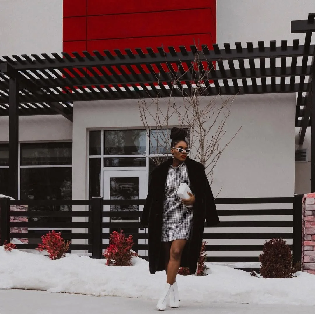 fall 2026 outfits for black women + Houndstooth Mini Dress With A Long Black Coat