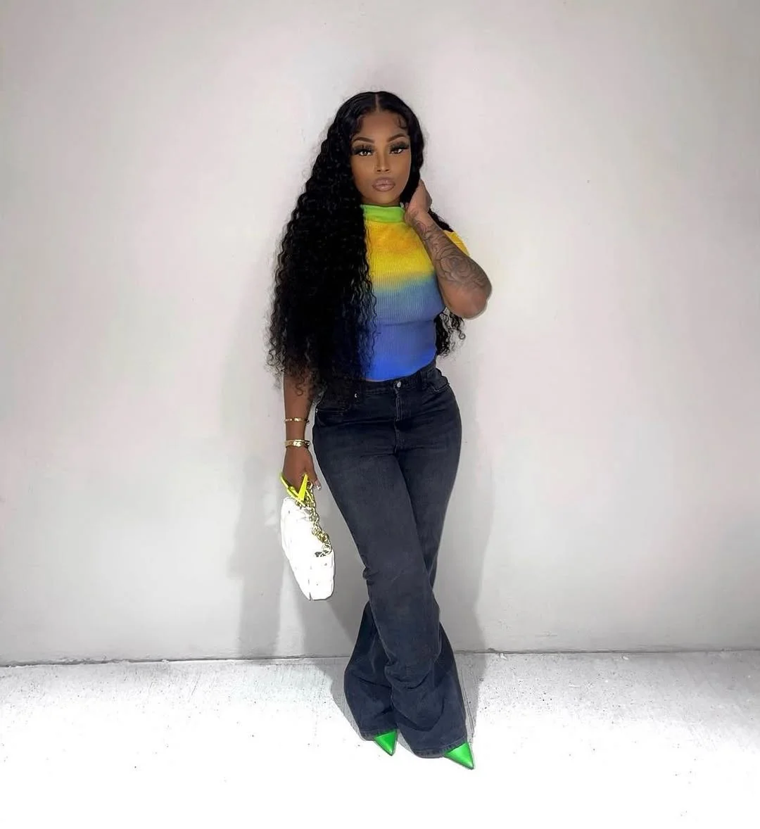 fall 2026 outfits for black women + A Bright Gradient Top With Dark Denim Confidence