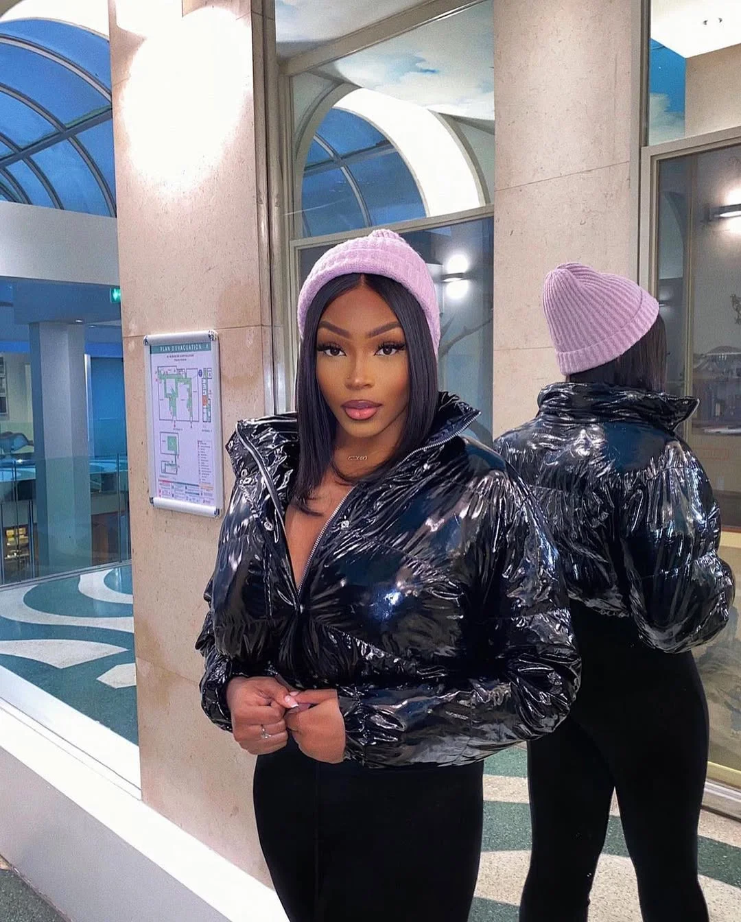 fall 2026 outfits for black women + Glossy Black Puff And Lavender Beanie Drama
