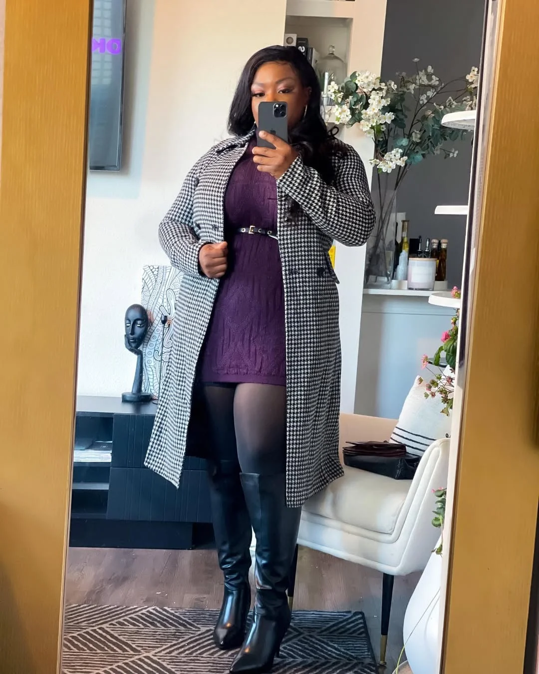 fall 2026 outfits for black women + Houndstooth Coat And Plum Knit Dress For Crisp Fall Days
