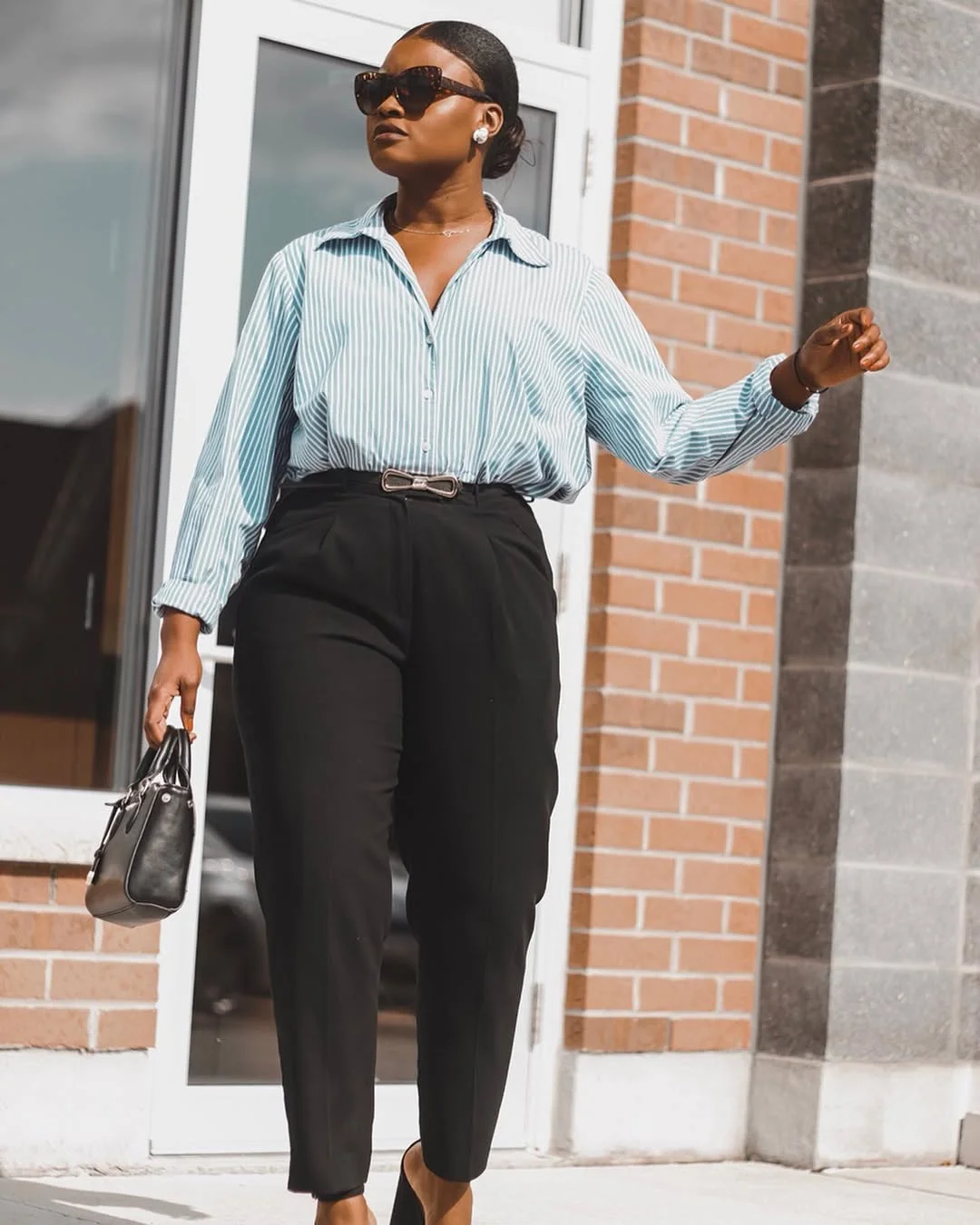fall 2026 outfits for black women + Striped Shirt And Tailored Pants With Confident Daytime Polish