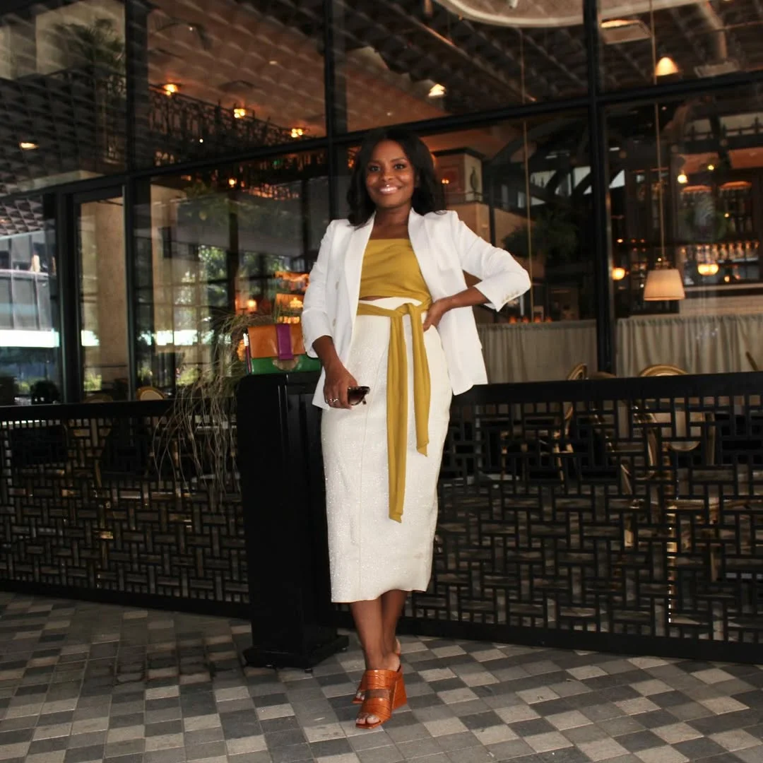 fall 2026 outfits for black women + White Blazer And Mustard Accents For Soft Dinner Elegance