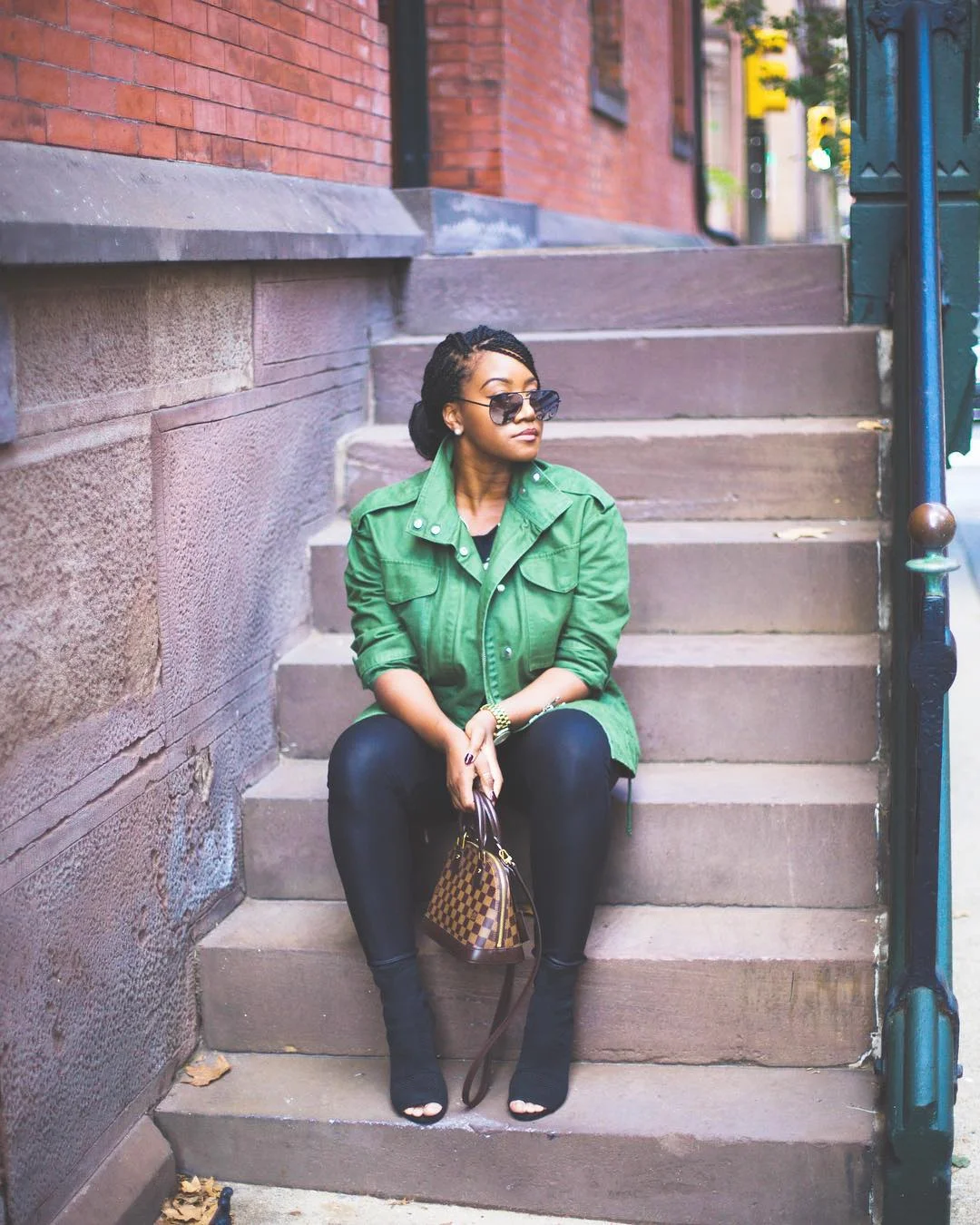 fall 2026 outfits for black women + Green Utility Jacket With Black Leggings And City Ease