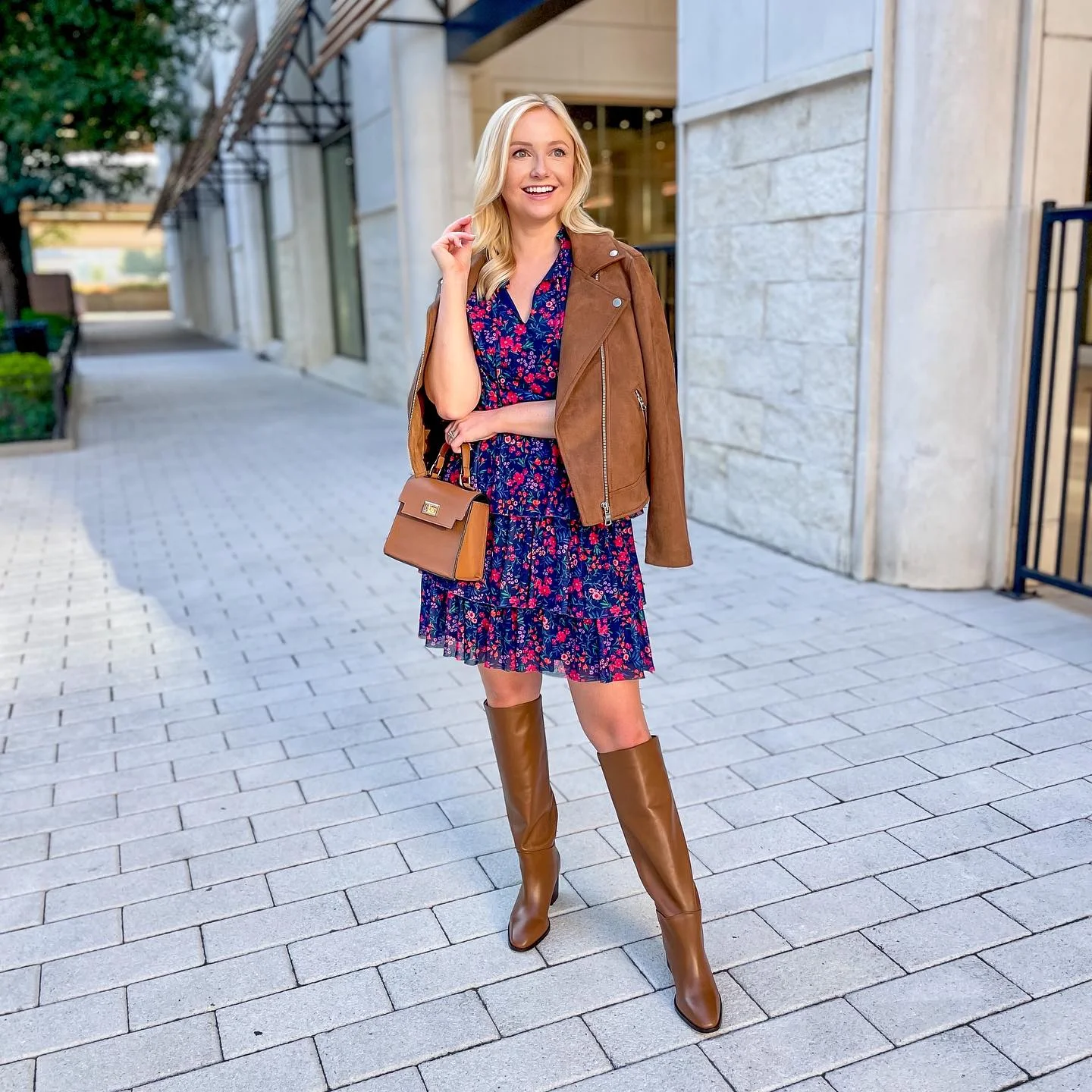 fall date night outfits 2026 + A Floral Dress and Brown Jacket for a Romantic Fall Mood