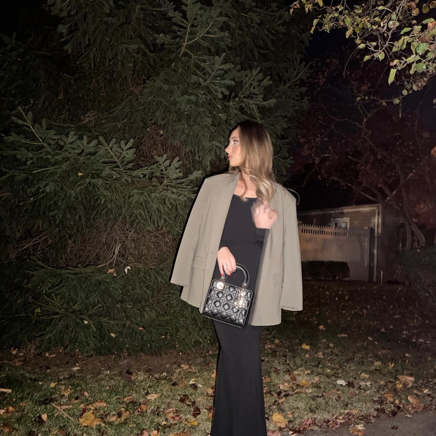 fall date night outfits 2026 + A Soft Taupe Blazer Over a Black Column Dress