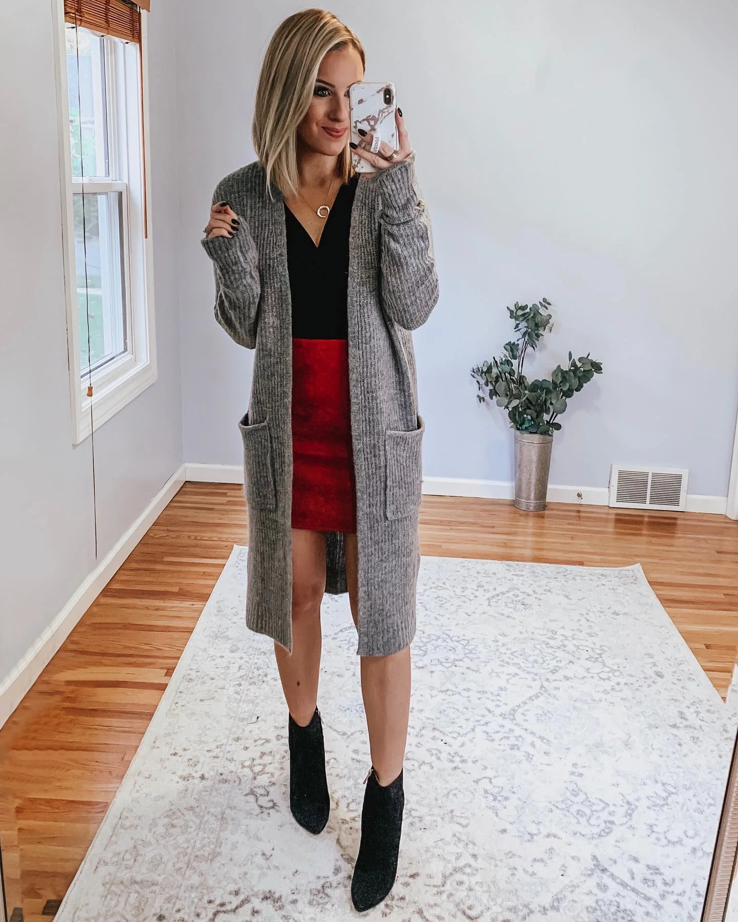 fall date night outfits 2026 + A Burgundy Mini Skirt with a Long Gray Cardigan