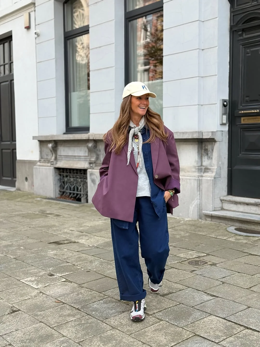 fall denim outfits for women 2026 Purple Blazer Over Slouchy Denim Layers