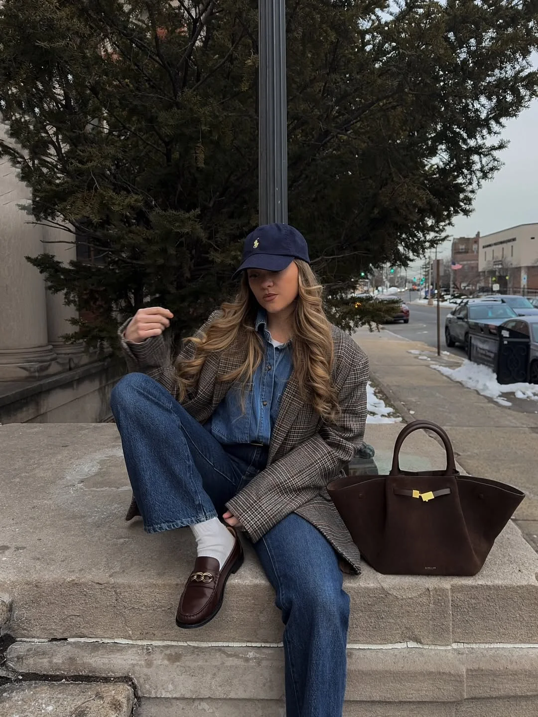 fall denim outfits for women 2026 Plaid Blazer With Classic Blue Denim