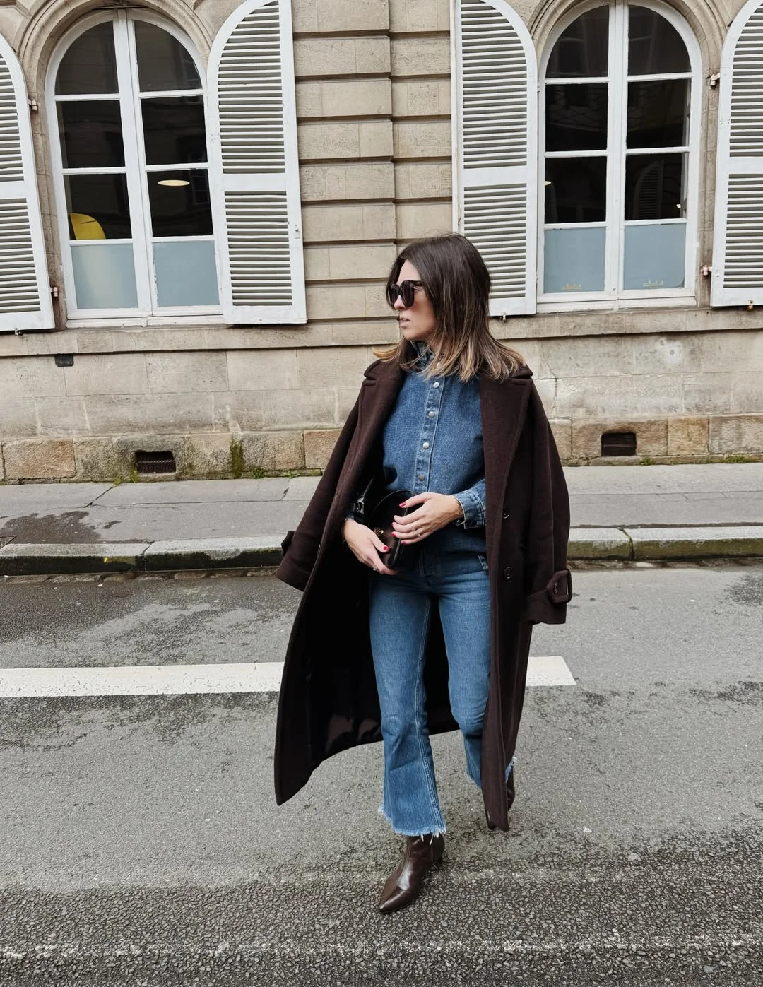 fall denim outfits for women 2026 Denim Shirt Styling Under A Dark Wool Coat
