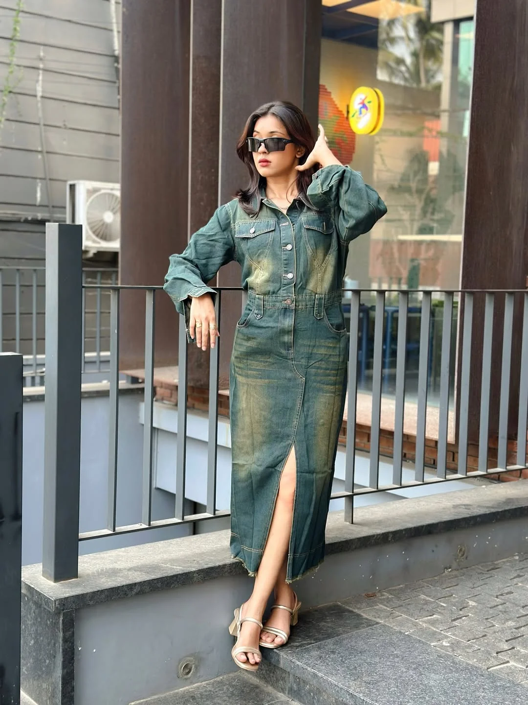 fall denim outfits for women 2026 Washed Denim Midi Dress With A Front Slit