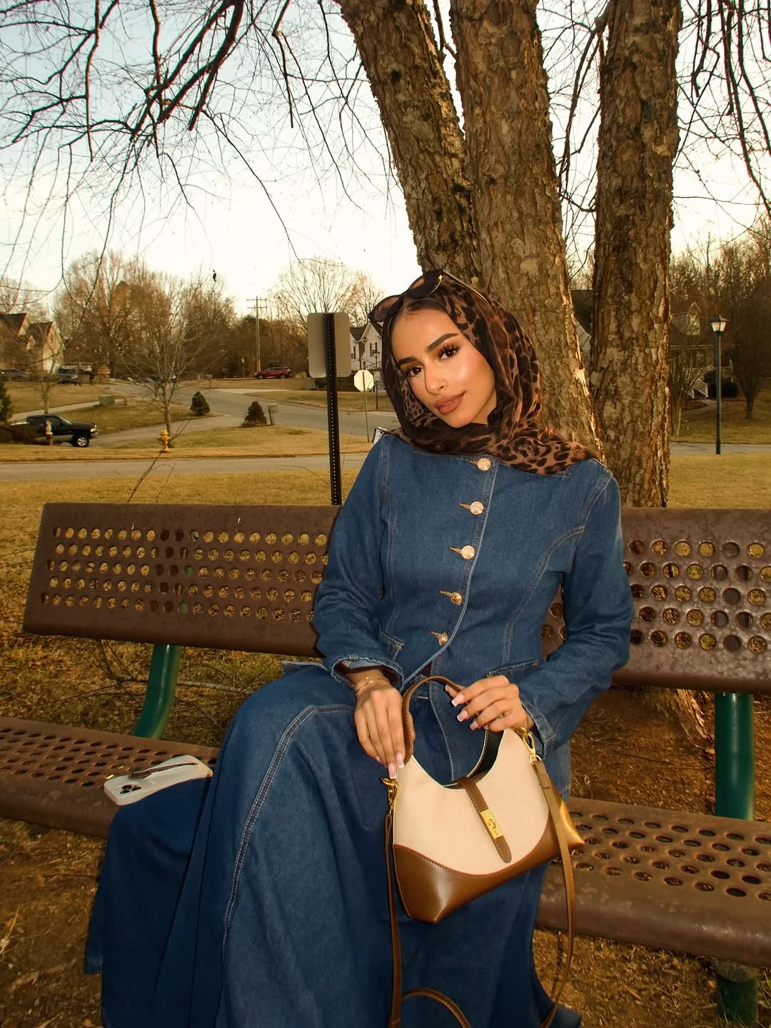 fall denim outfits for women 2026 Structured Denim Dress With A Leopard Scarf