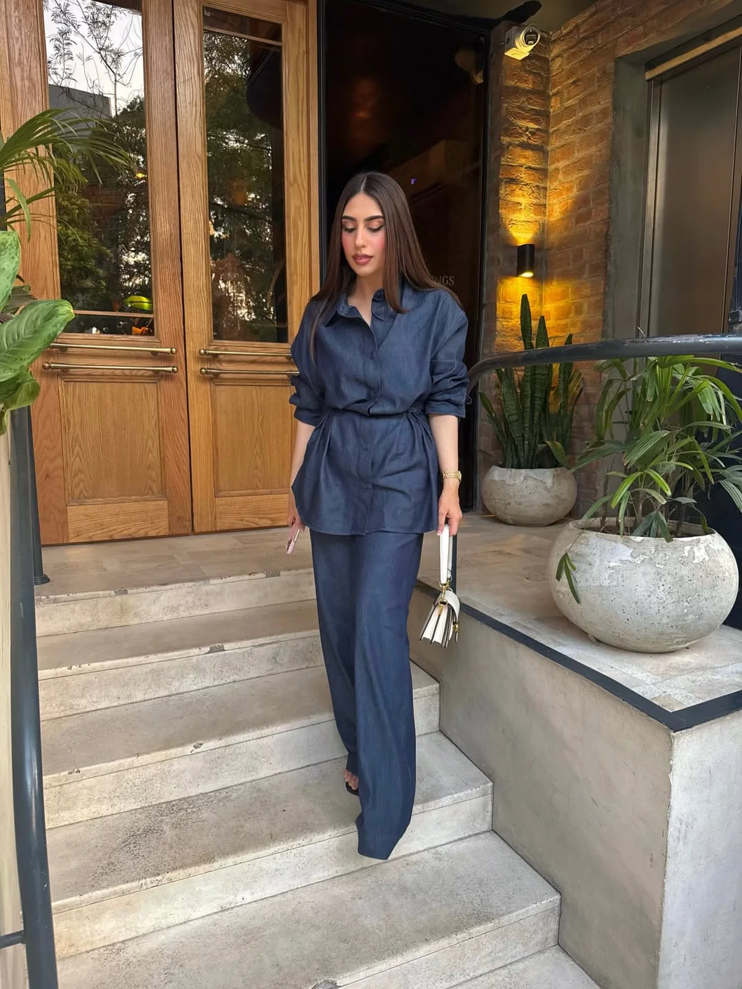 fall denim outfits for women 2026 Dark Denim Shirt And Skirt With Evening Polish