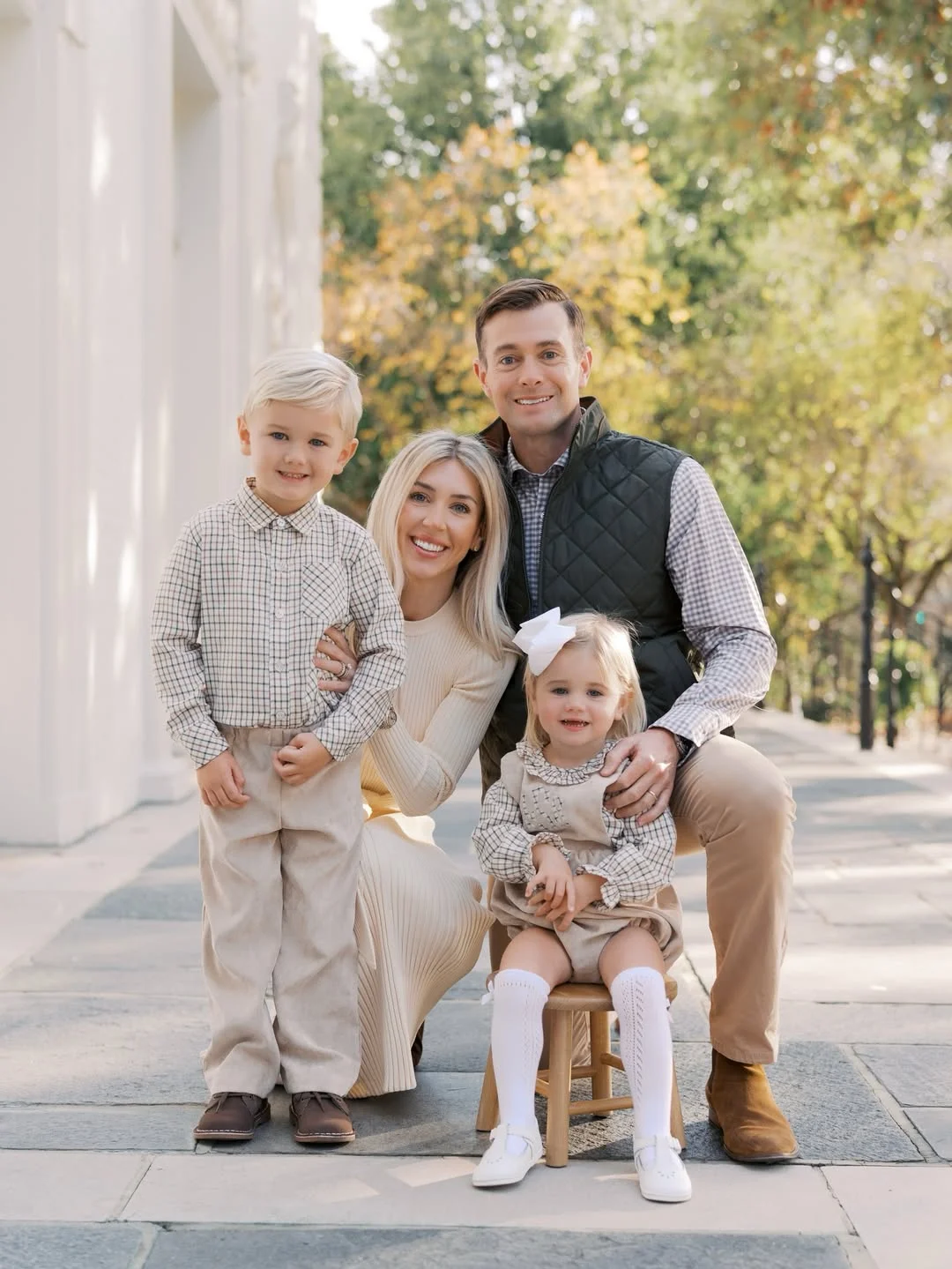 fall family picture outfits 2026 + Checked Neutrals and Dark Olive for a Polished City Session