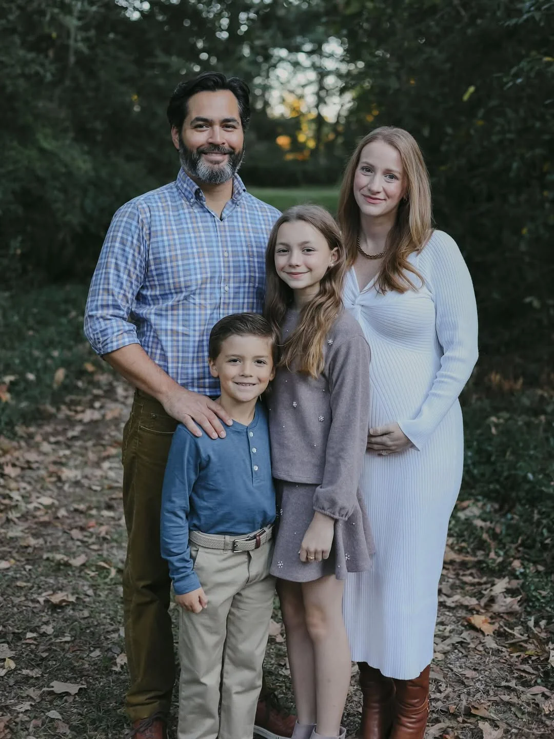 fall family picture outfits 2026 + Blue, Olive, and Soft Lilac for a Maternity Portrait