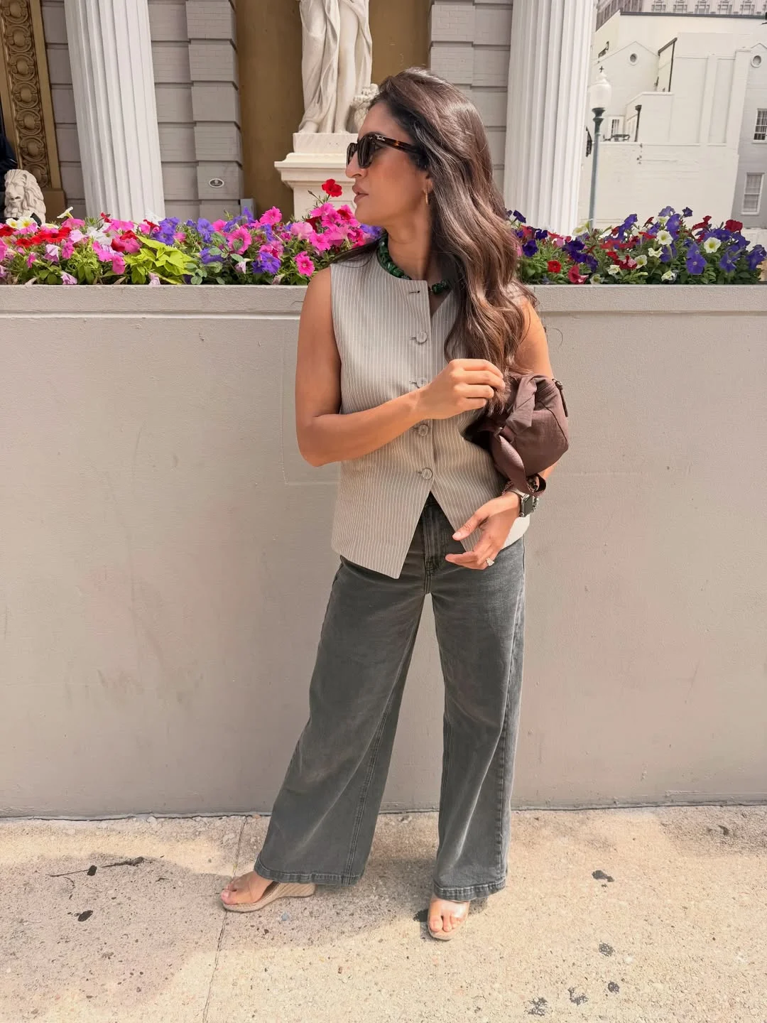 fall fashion for women over 40 Pinstriped Vest and Washed Denim for Early Fall