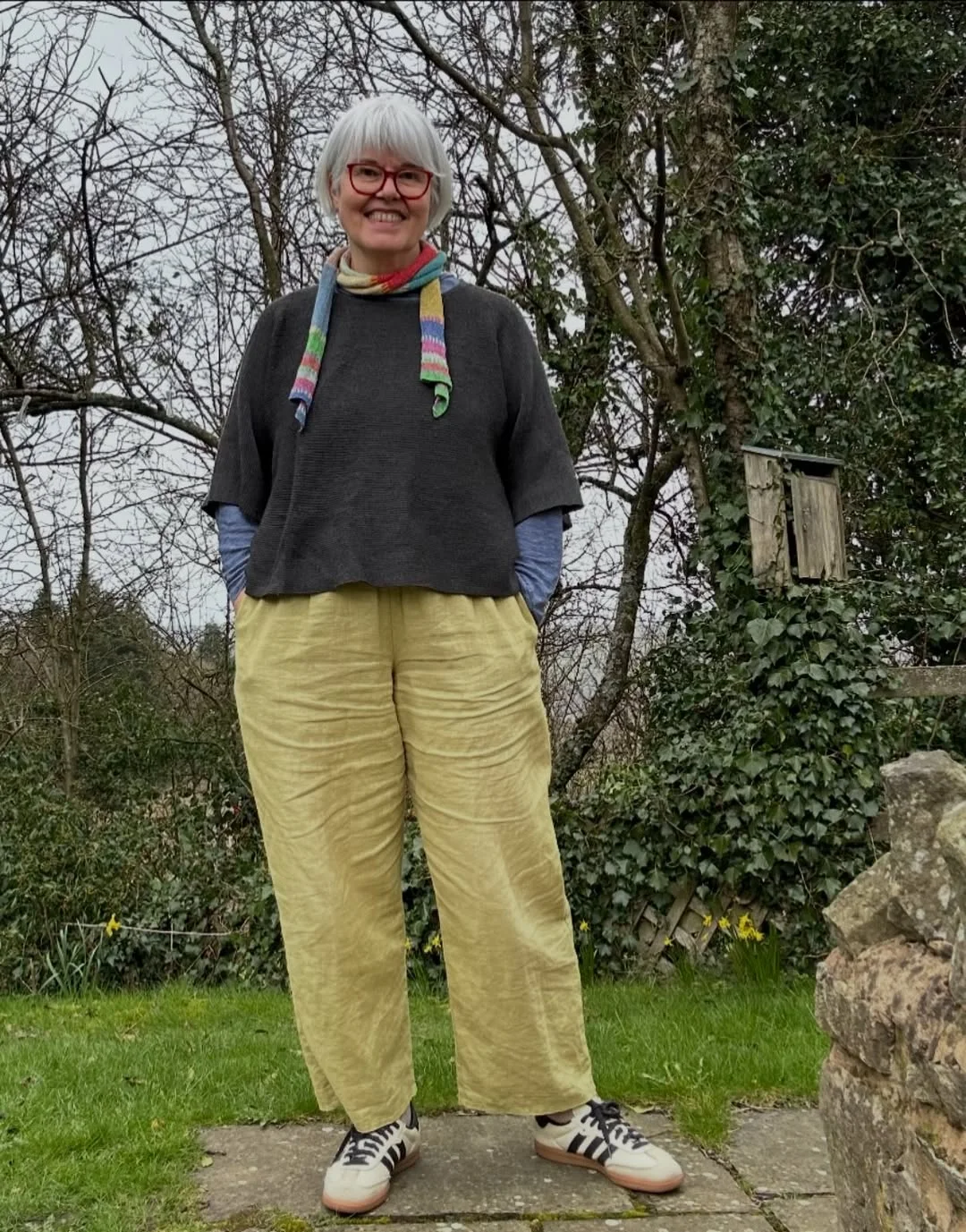 fall fashion for women over 40 Charcoal Knitwear and Chartreuse Trousers