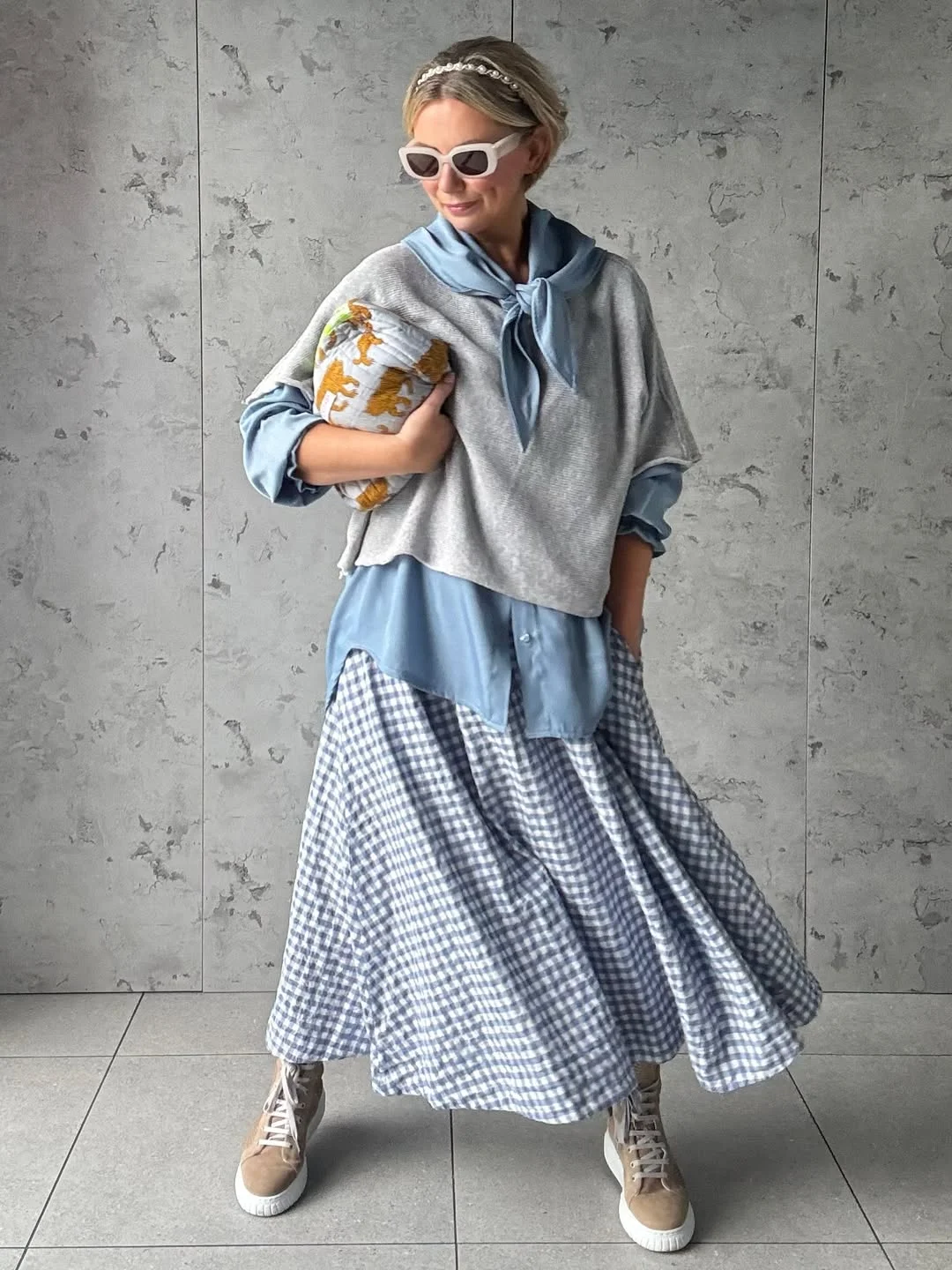 fall fashion for women over 40 Soft Blue Layers and a Gingham Maxi Skirt