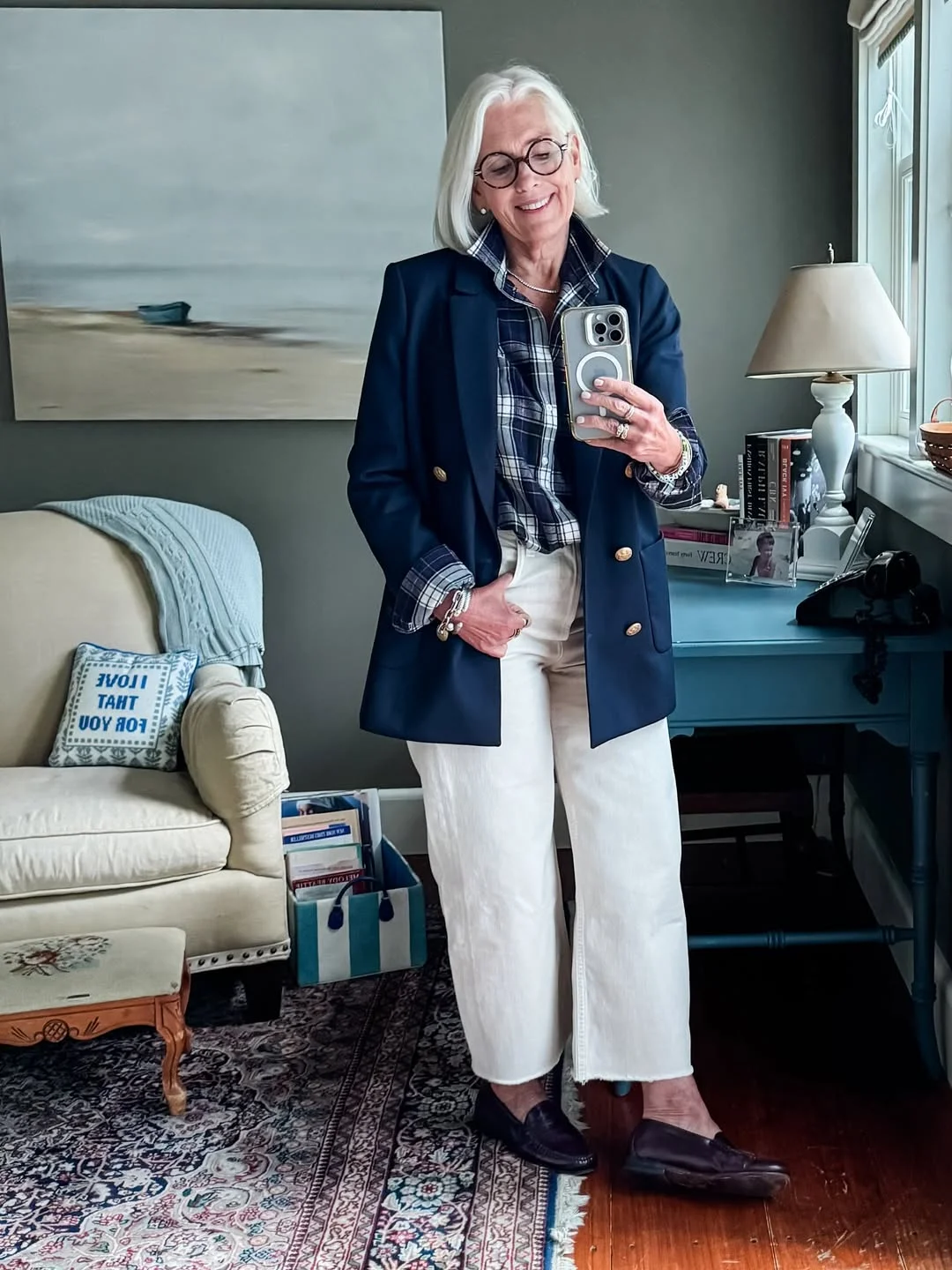 fall fashion for women over 40 Navy Blazer, Plaid Shirt, and White Denim