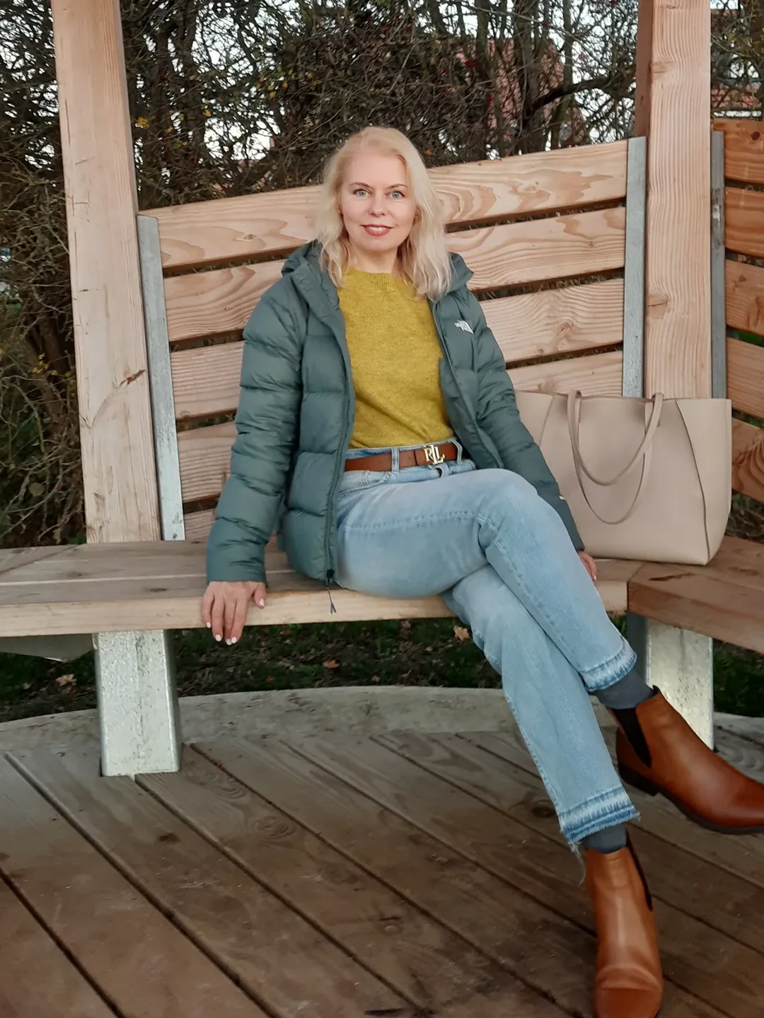 fall fashion for women over 40 Muted Green Outerwear With Golden Knitwear