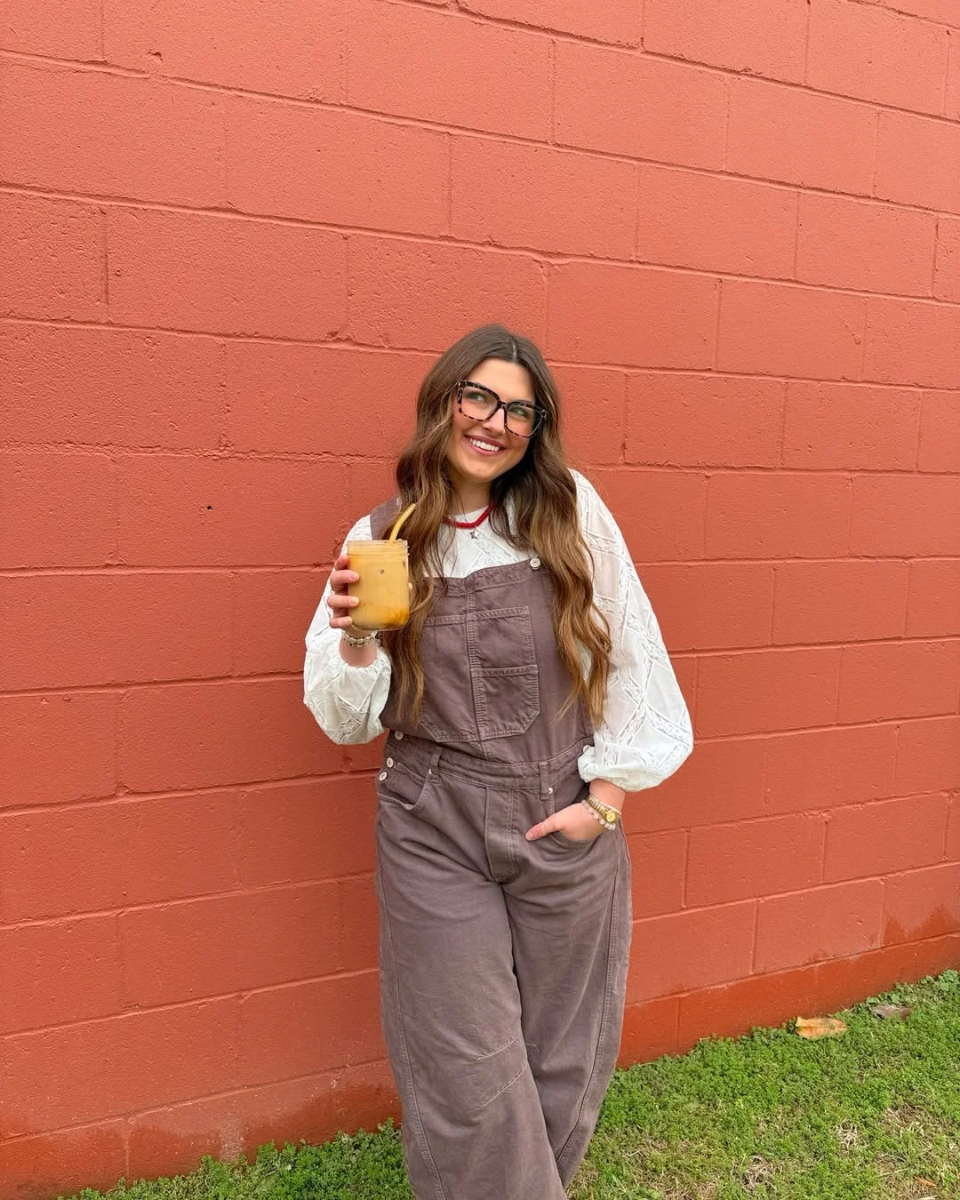 fall fashion for women over 40 Brown Overalls and a Romantic White Blouse