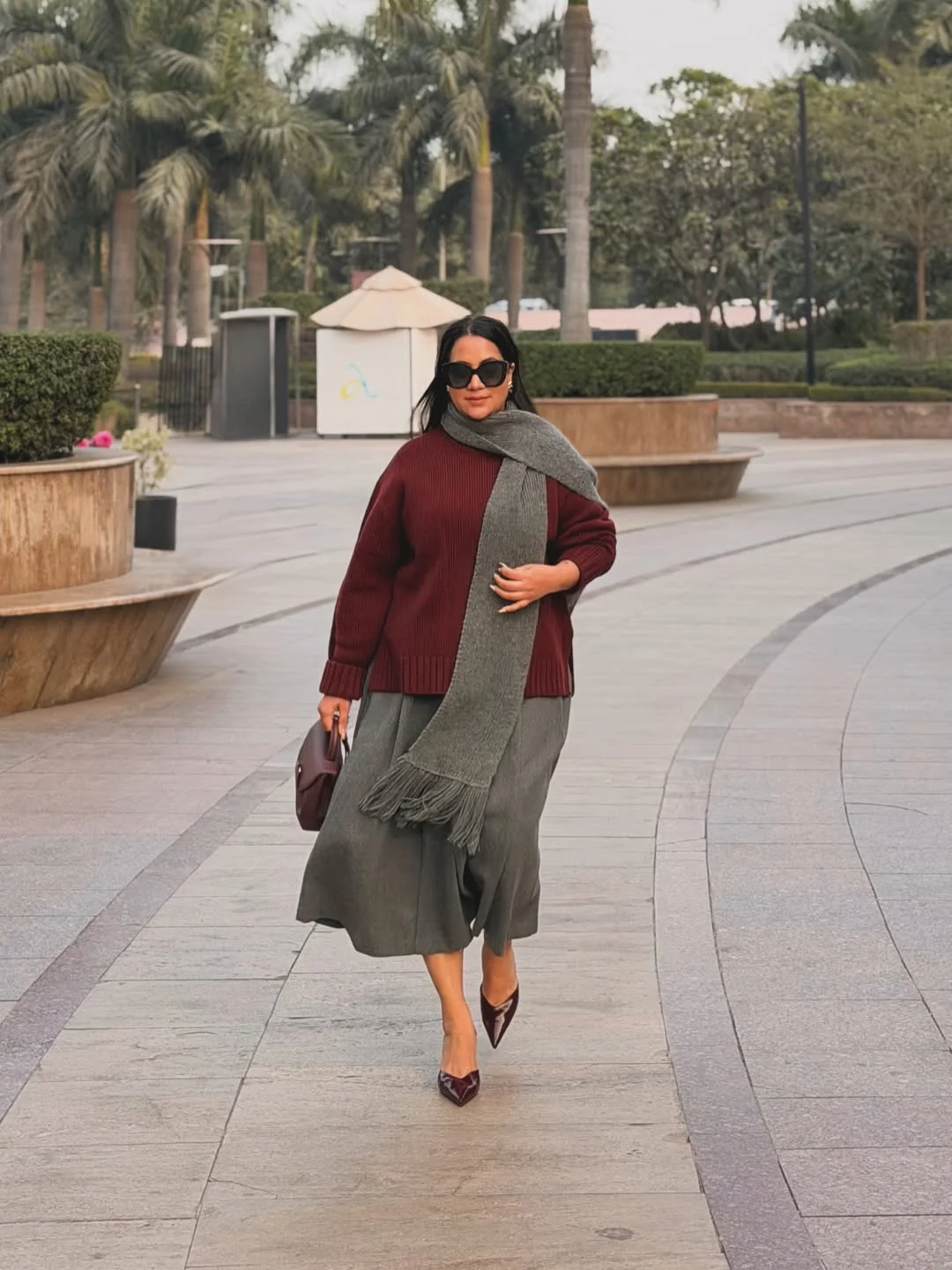 fall fashion for women over 40 Burgundy Knitwear With a Fluid Midi Skirt