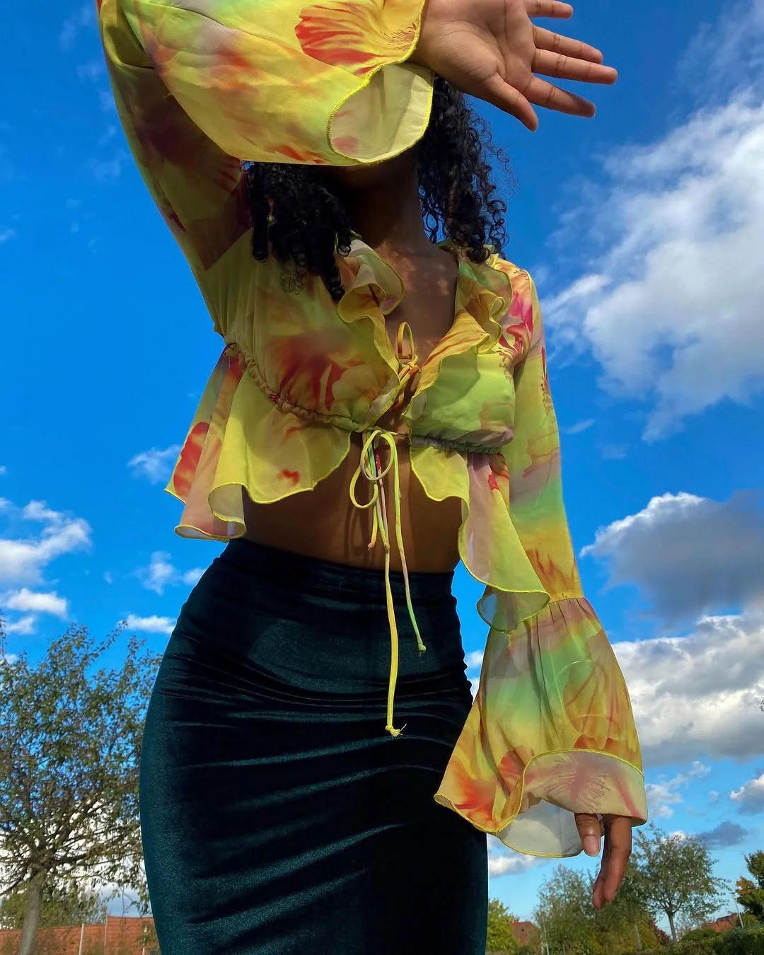 fall fashion outfits 2026 Sheer Ruffle Blouse With a Velvet Maxi Skirt
