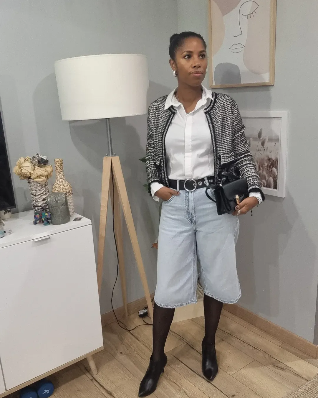 fall fashion outfits 2026 Tweed Jacket With Denim Bermuda Shorts