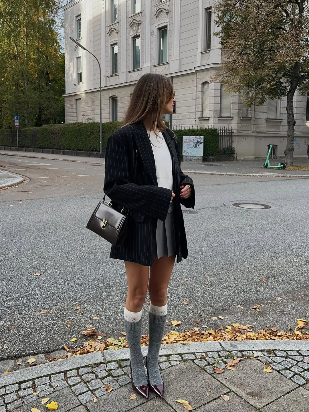 fall fashion outfits 2026 Pinstripe Blazer Mini Skirt and Knee-High Socks