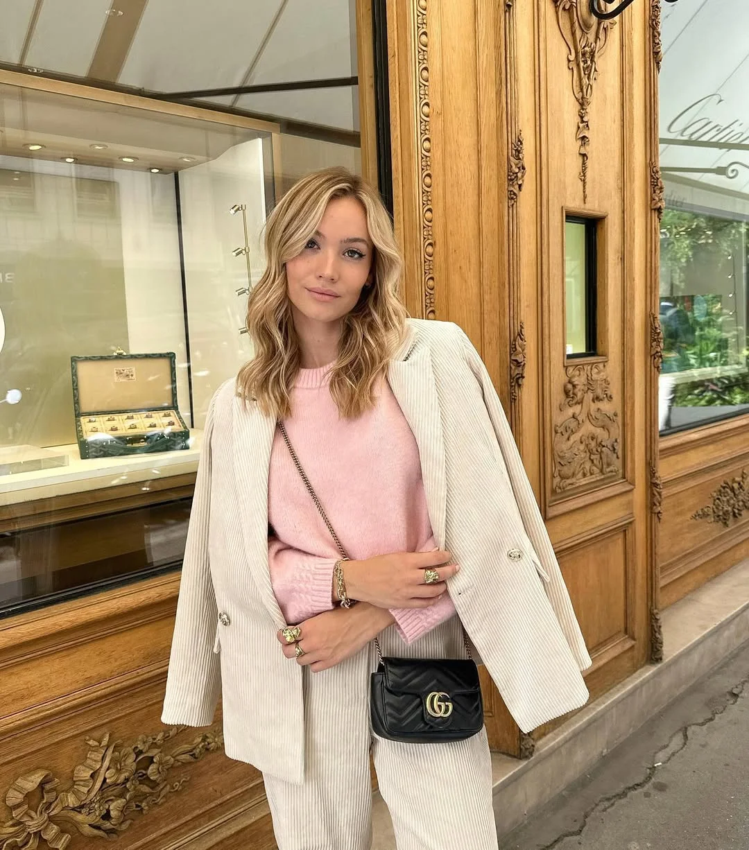 fall fashion outfits 2026 Soft Pink Knit With an Ivory Corduroy Suit