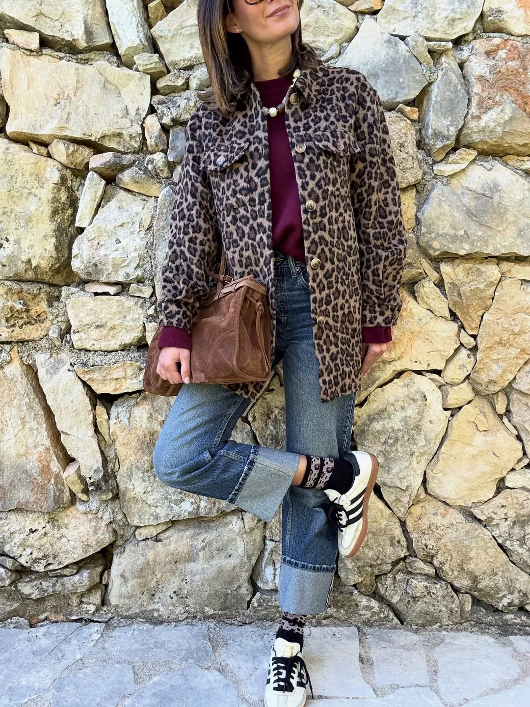 fall fashion outfits 2026 Leopard Shacket With Burgundy Knit and Cuffed Jeans