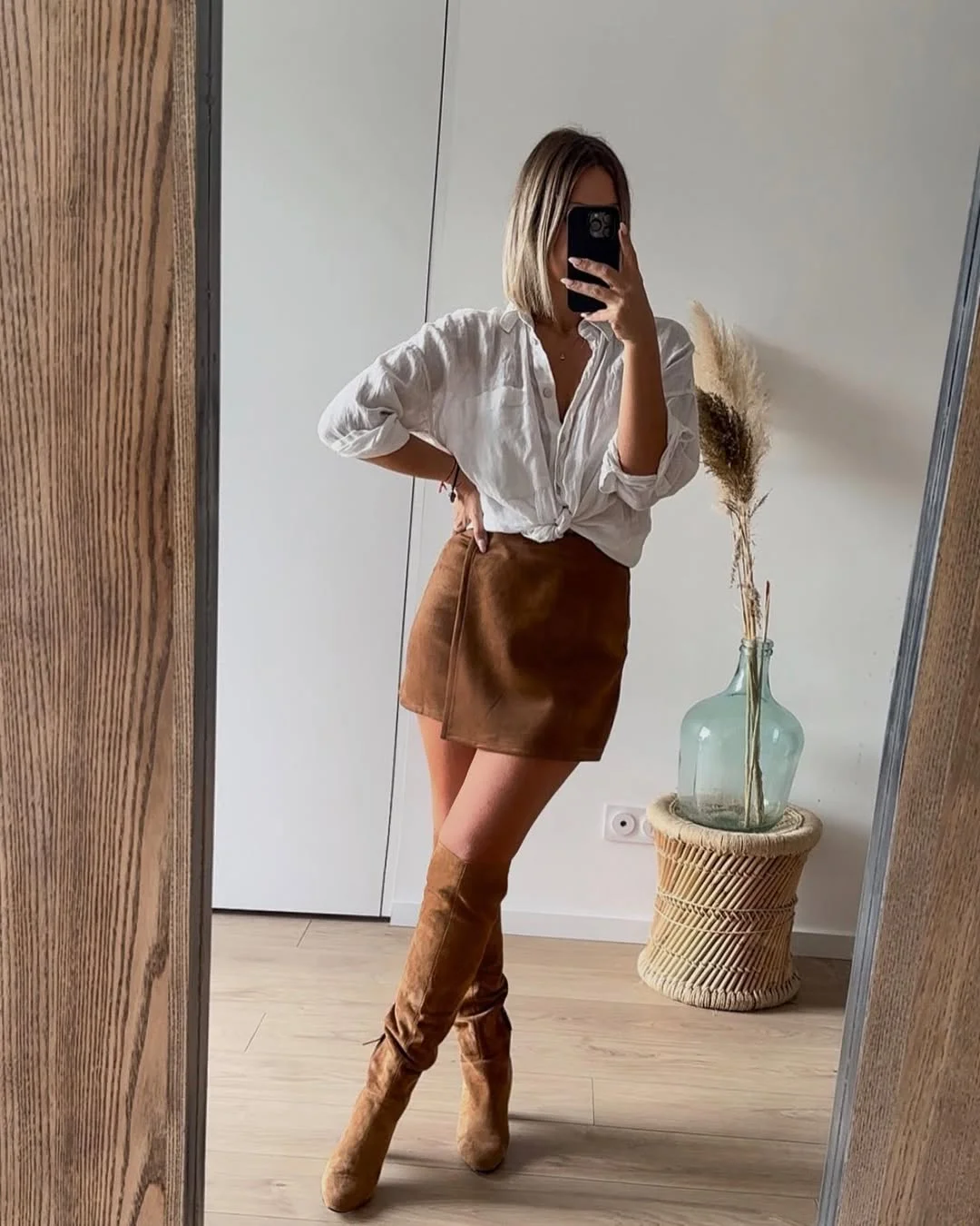 fall fashion outfits 2026 White Shirt Suede Mini Skirt and Slouchy Tall Boots
