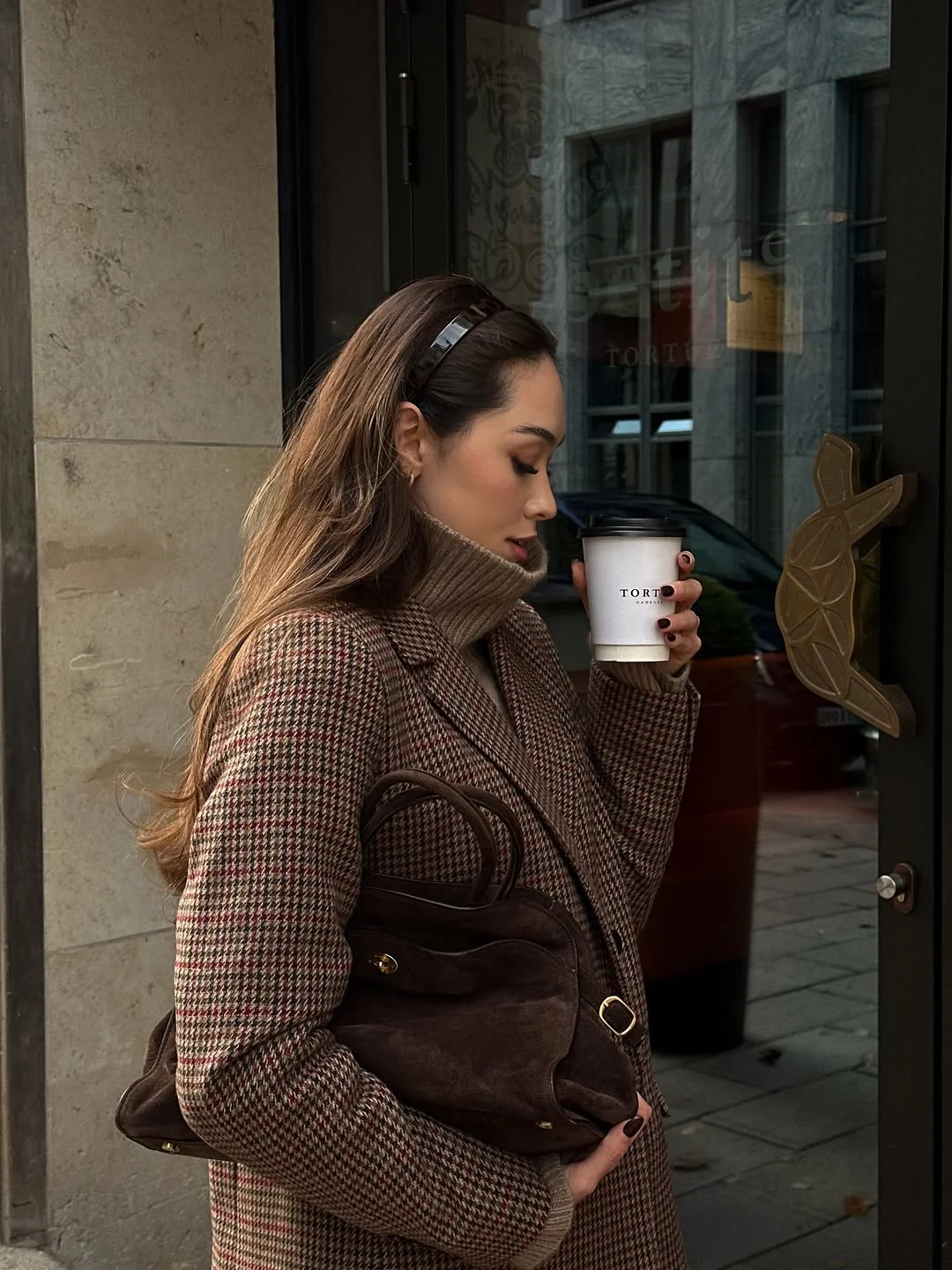 nyc fall outfits street style casual 2026 + Plaid Coat, Coffee Run, And Soft Brown Layers