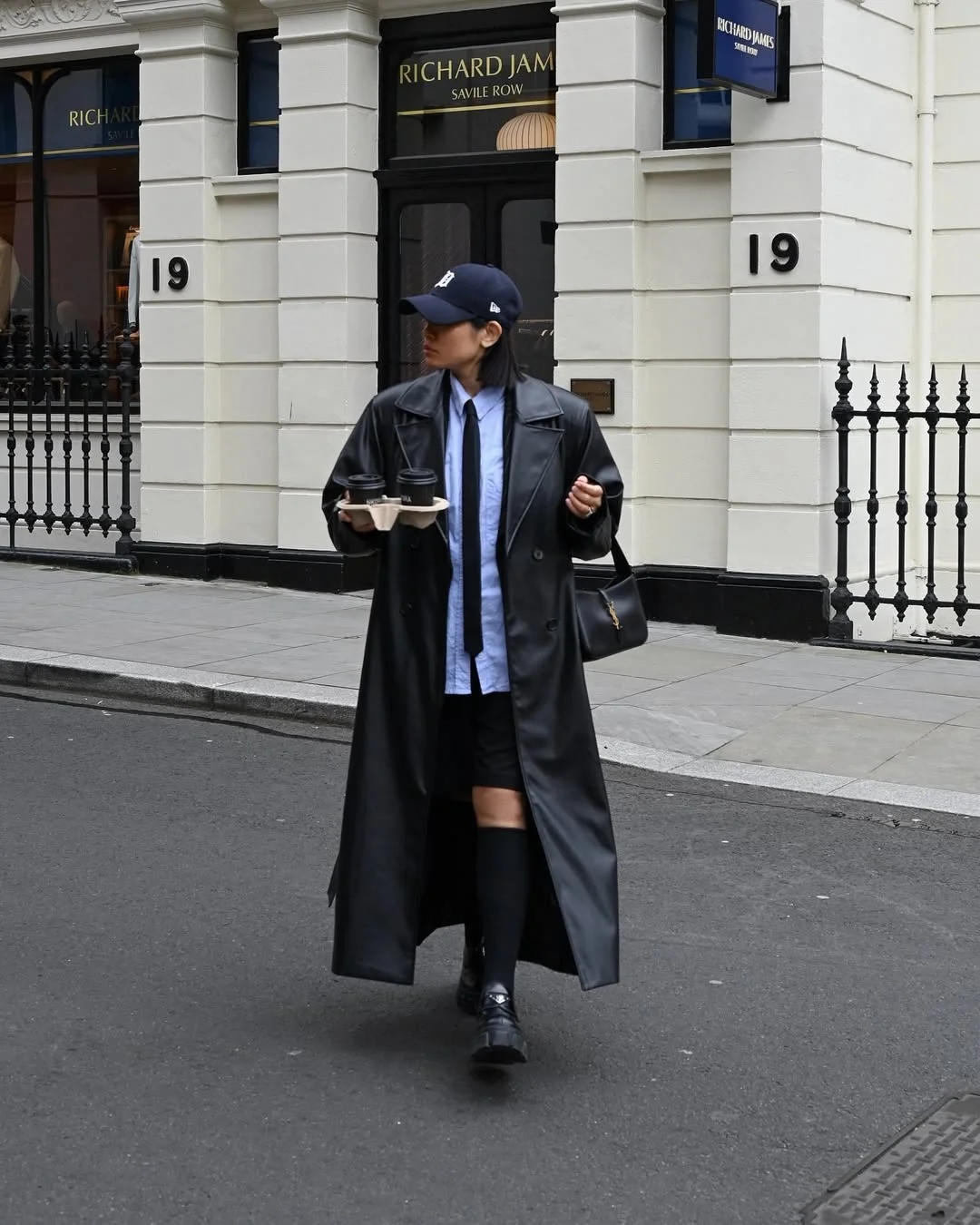 nyc fall outfits street style casual 2026 + Leather Trench, Tie, And Baseball Cap Mix