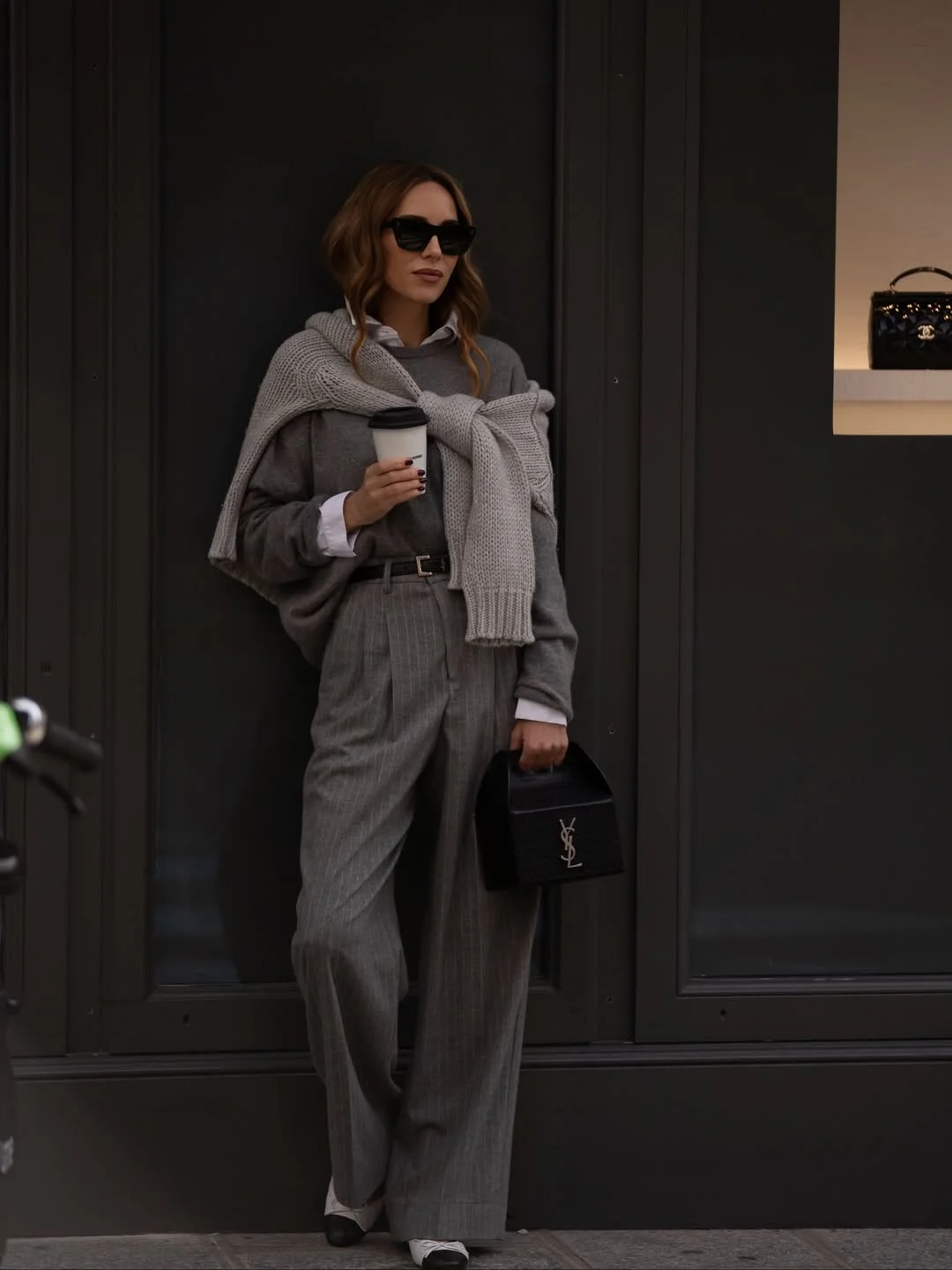 nyc fall outfits street style casual 2026 + Gray Knit Layers And Tailored Trousers Coffee-Break Chic