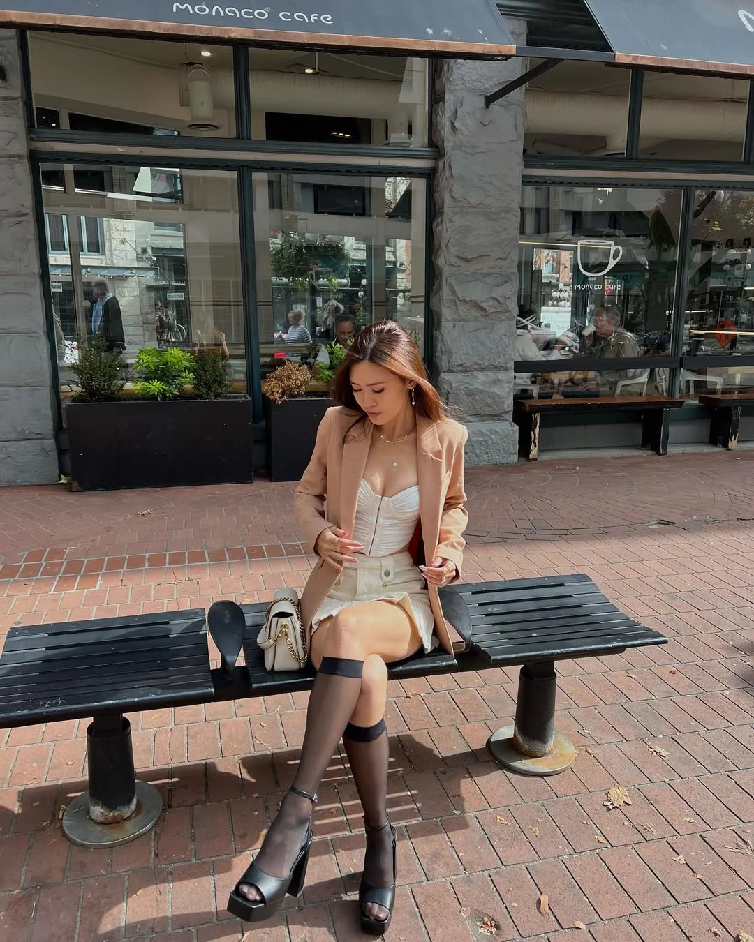 nyc fall outfits street style casual 2026 + Beige Blazer And Mini Skirt With Sheer Stockings